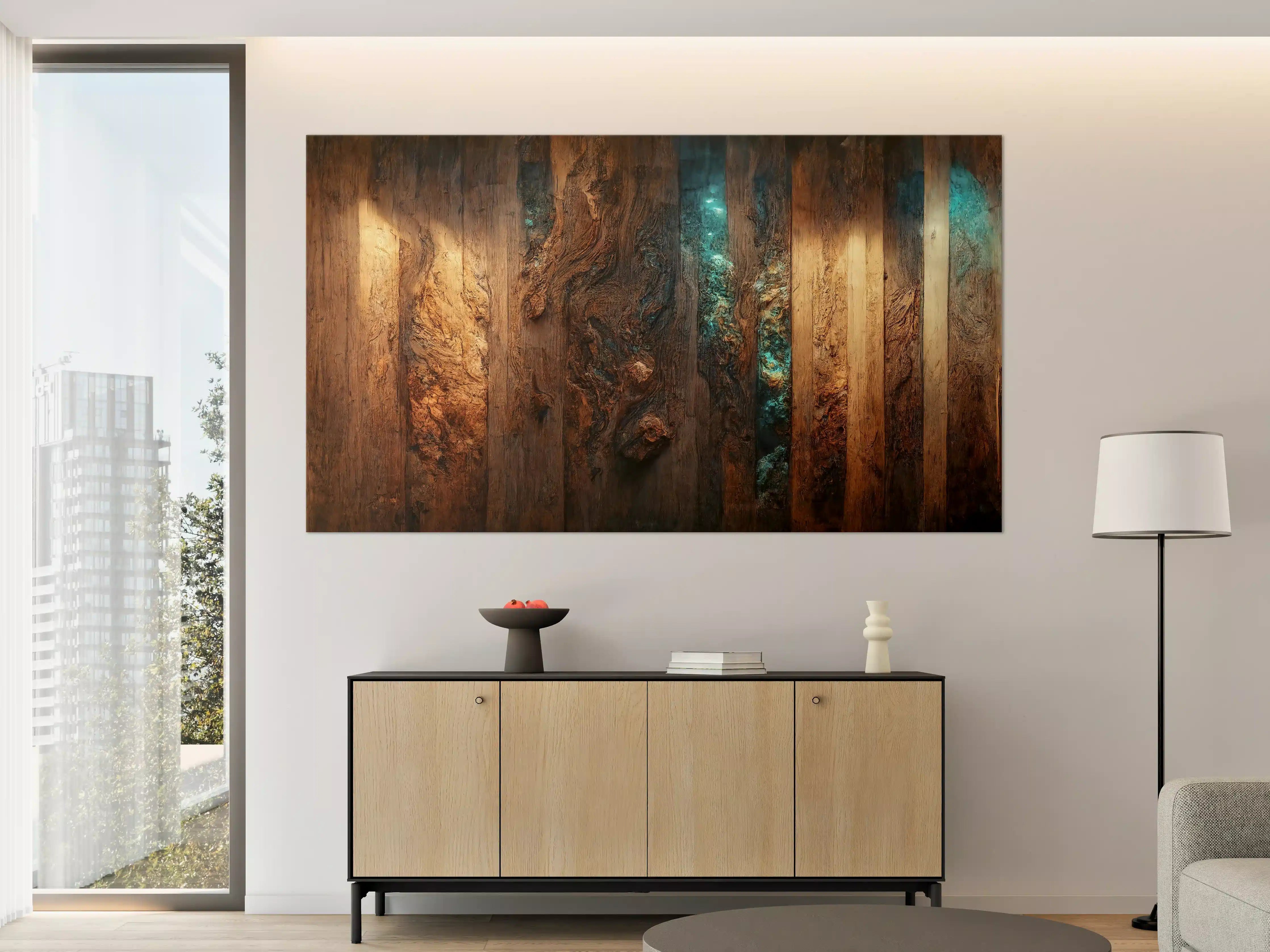 Große Wandbilder - Holztisch mit blauen Epoxidharz