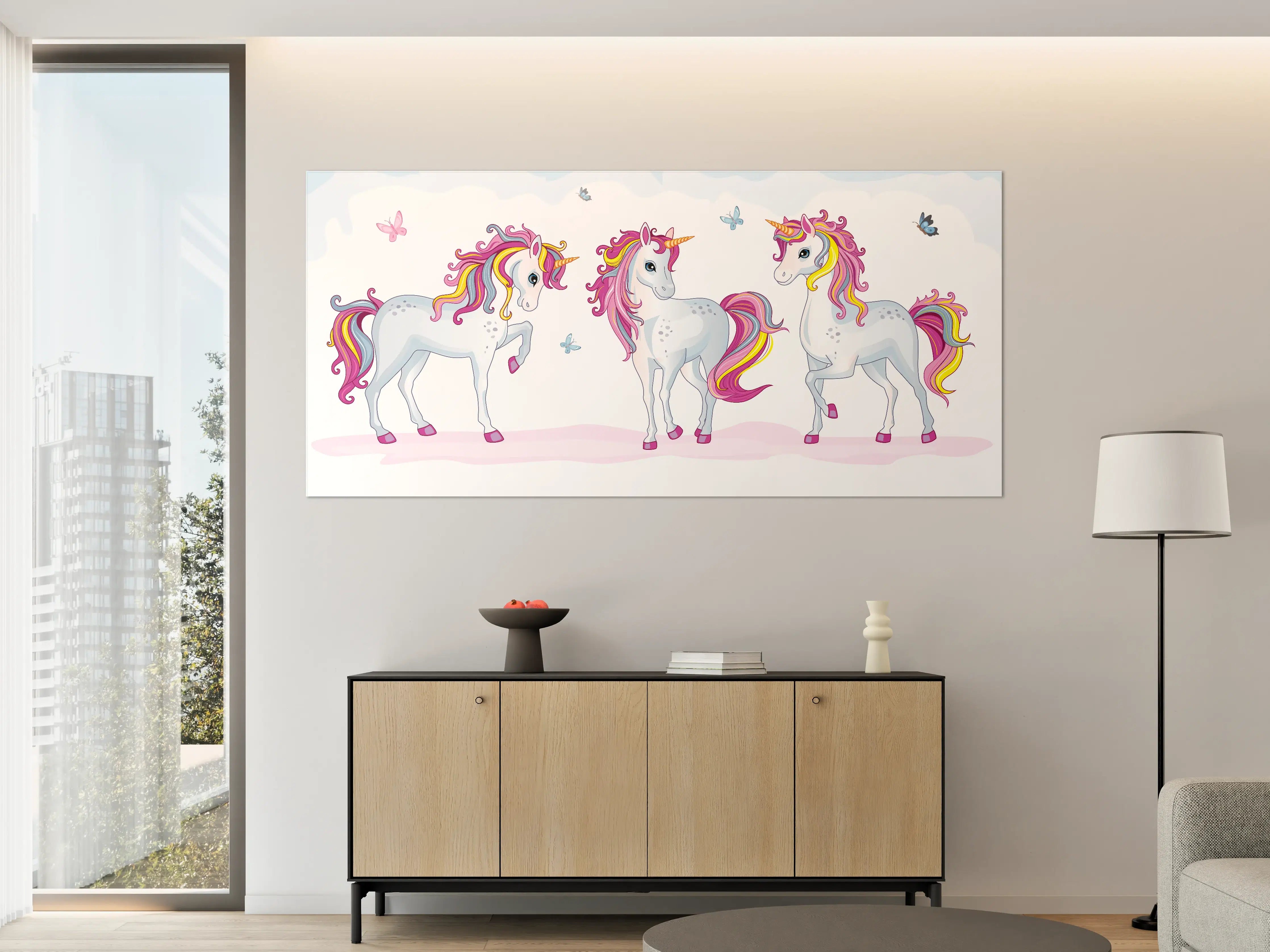 Große Wandbilder - Hübsche bunte Einhorn-Truppe mit Schmetterlingen