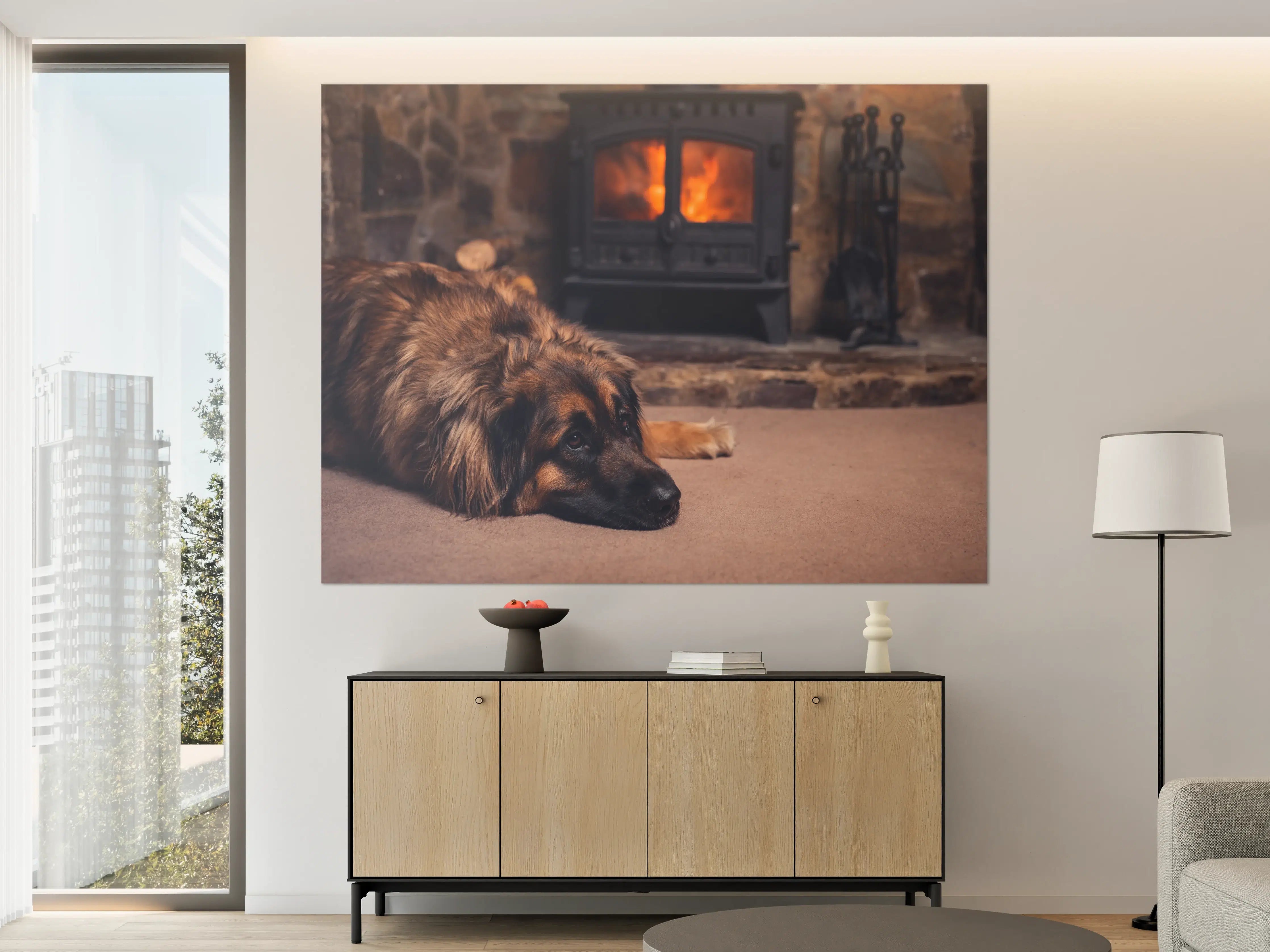 Große Wandbilder - Hund entspannt am Feuer
