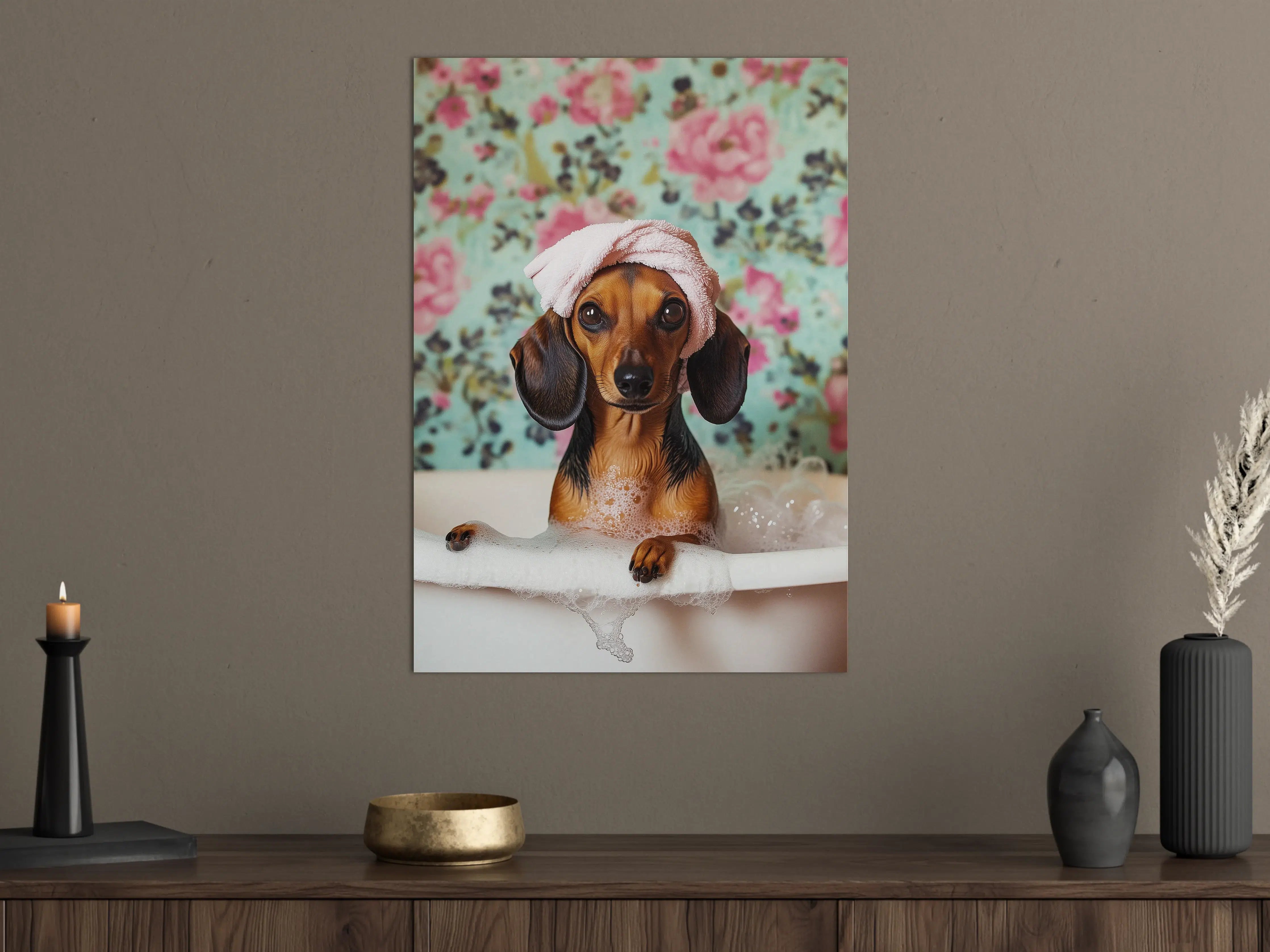 Große Wandbilder - Hunde im Bad mit Blümchenhintergrund