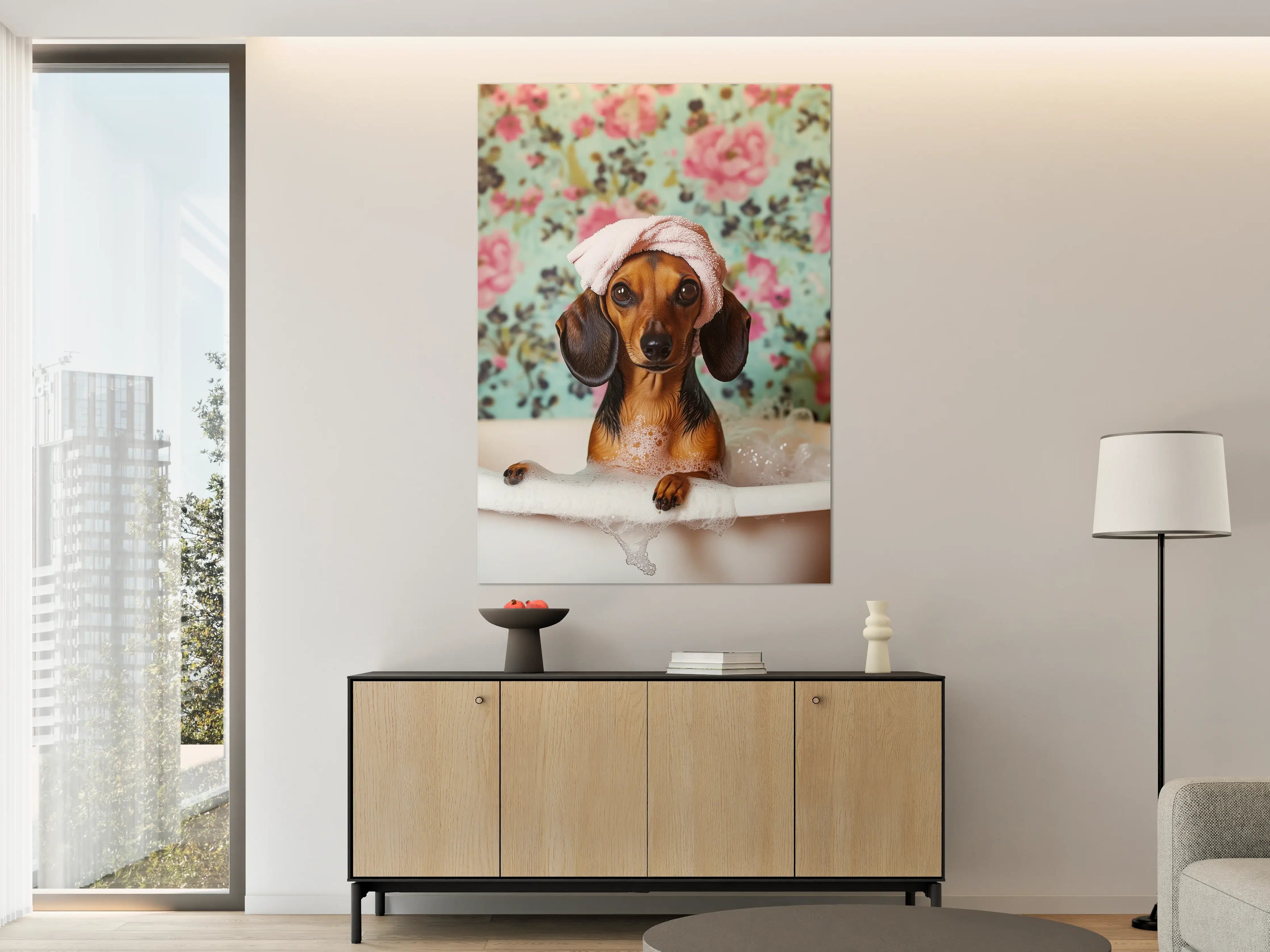 Große Wandbilder - Hunde im Bad mit Blümchenhintergrund