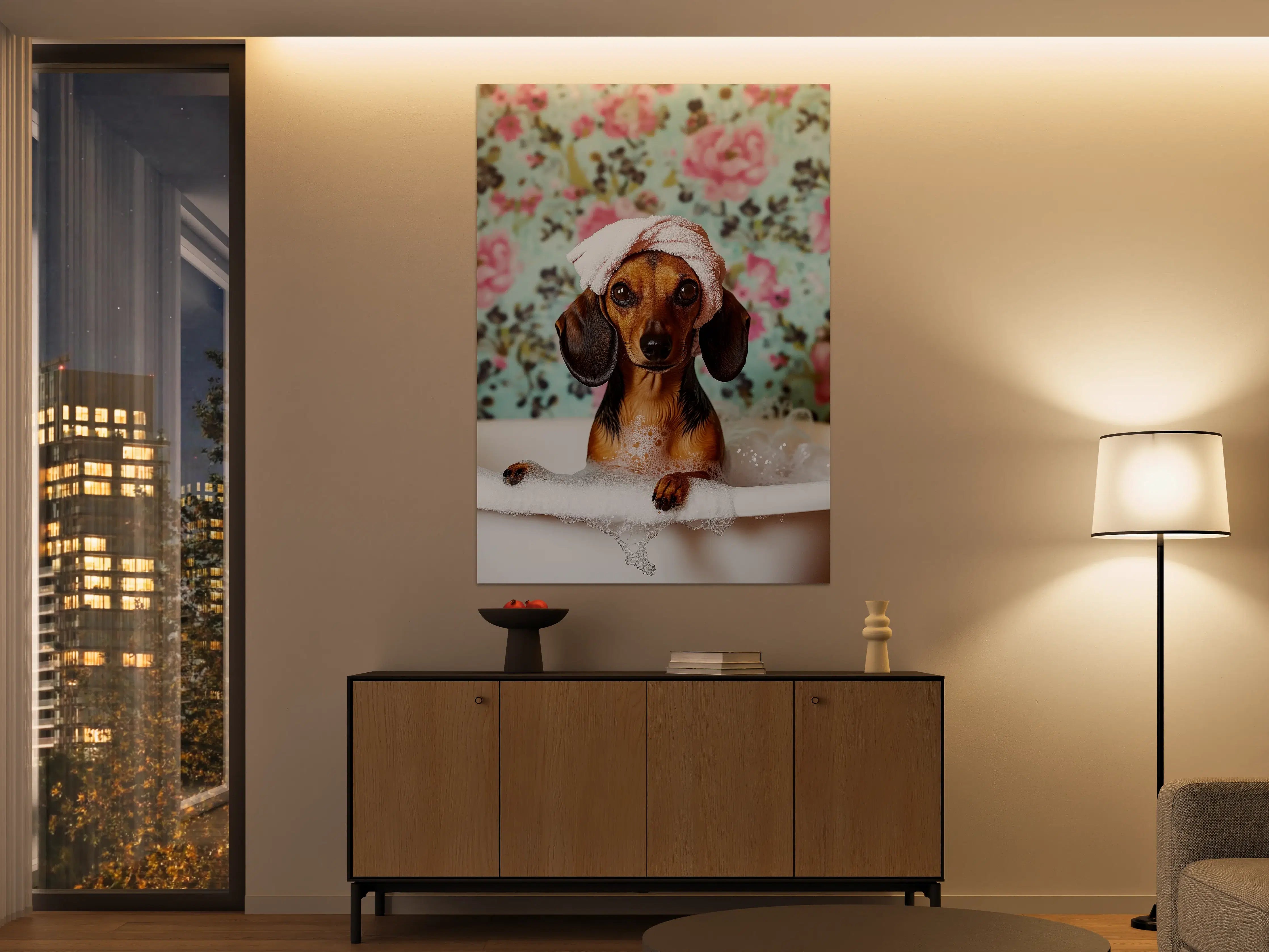 Große Wandbilder - Hunde im Bad mit Blümchenhintergrund