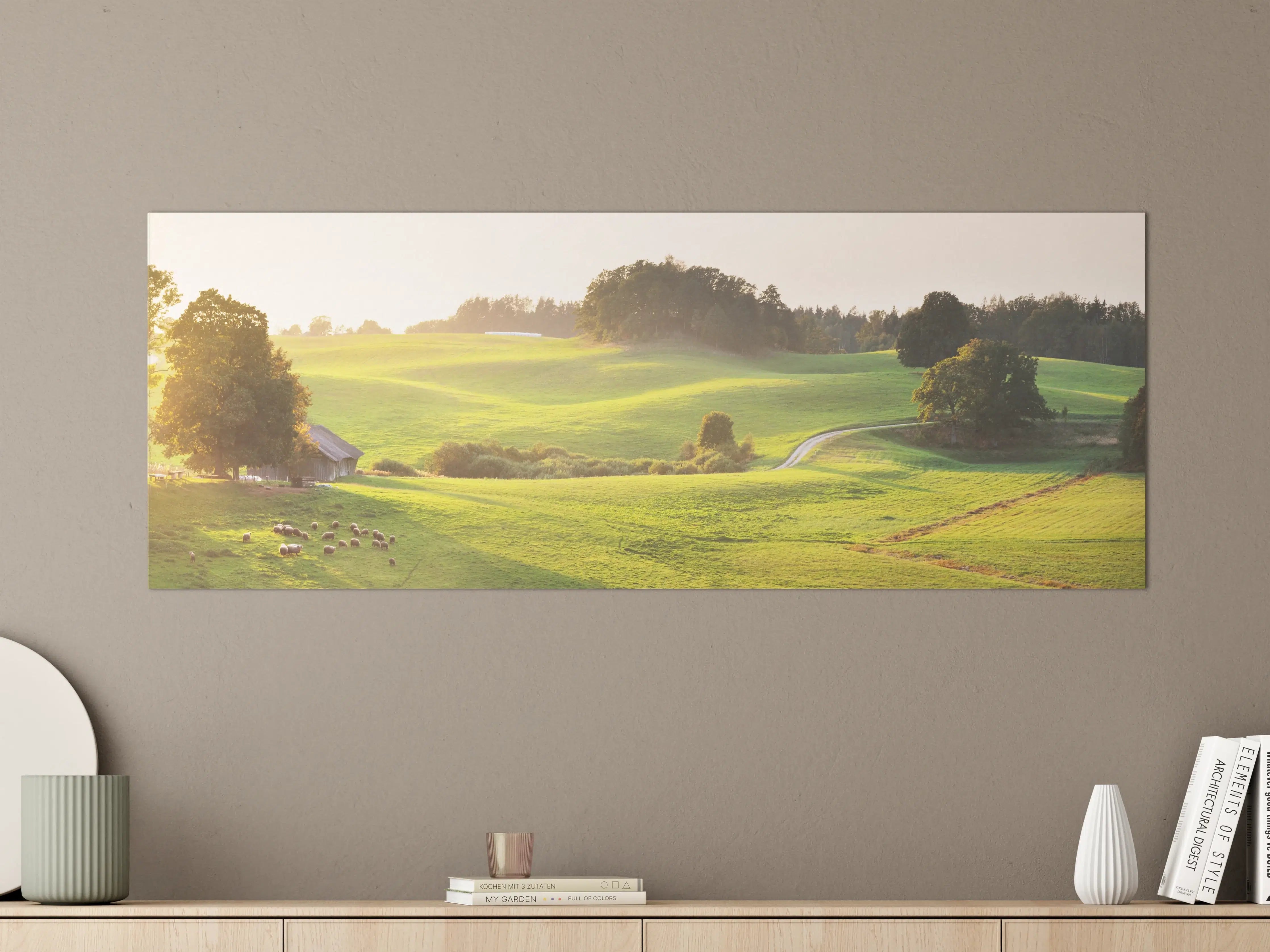 Große Wandbilder - Idyllische Landlandschaft bei Sonnenuntergang