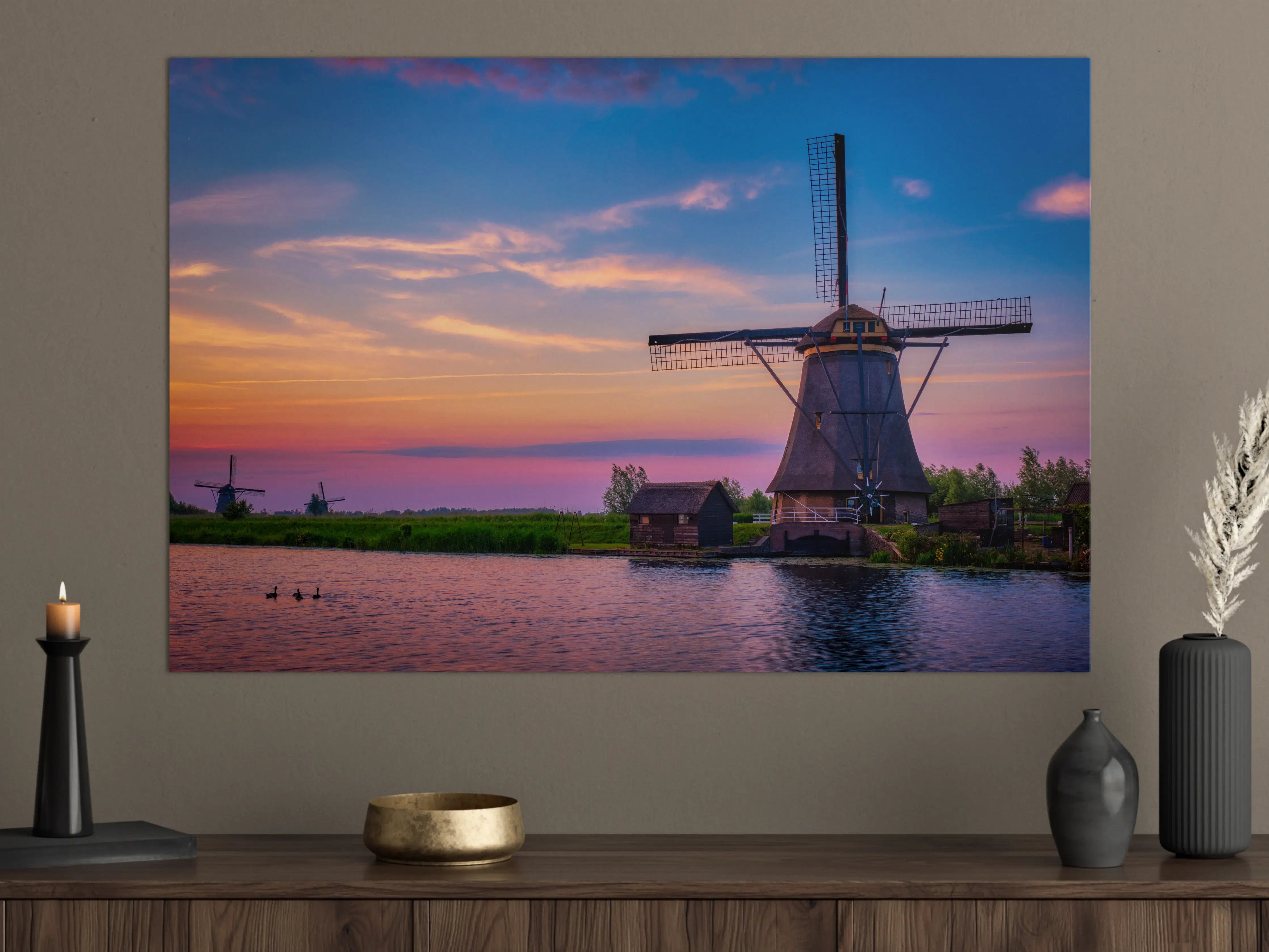 Große Wandbilder - Idyllische Windmühlen in Kinderdijk