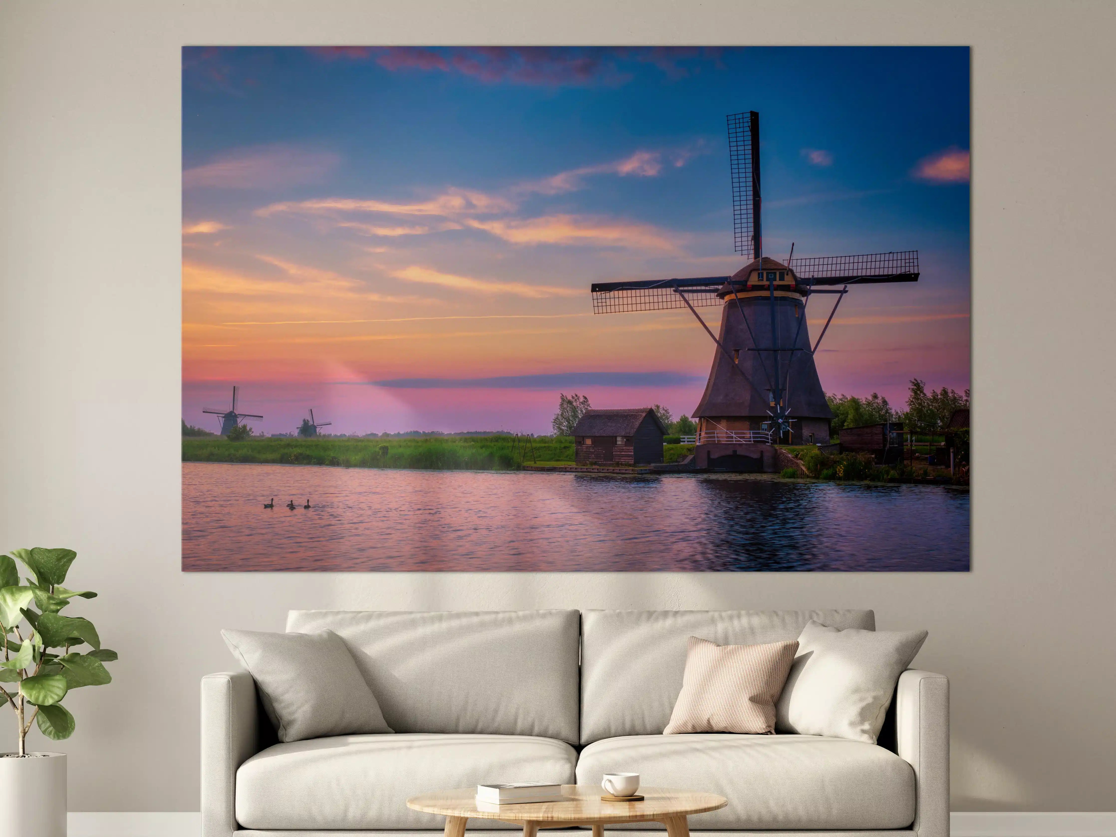 Große Wandbilder - Idyllische Windmühlen in Kinderdijk