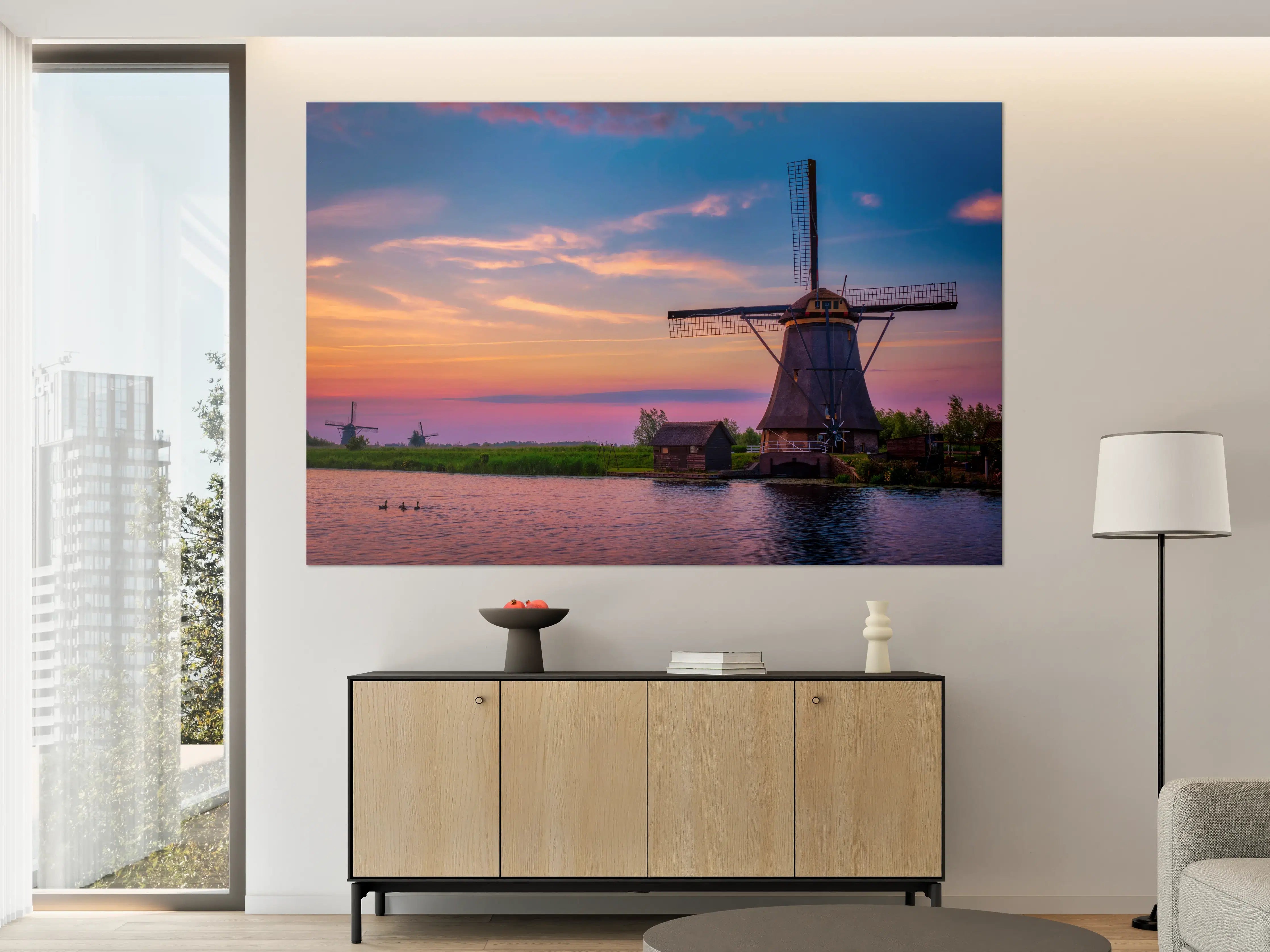 Große Wandbilder - Idyllische Windmühlen in Kinderdijk