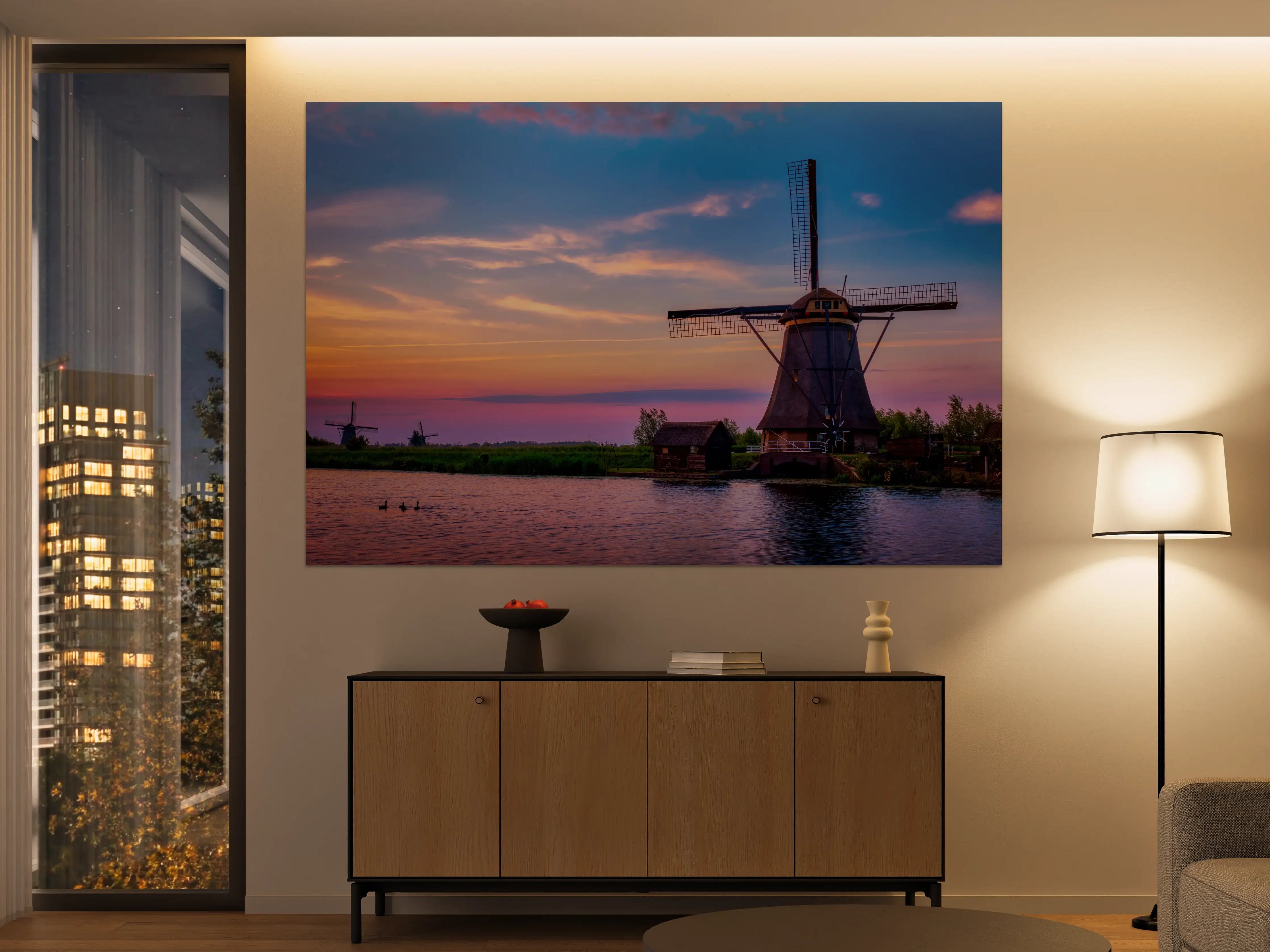 Große Wandbilder - Idyllische Windmühlen in Kinderdijk
