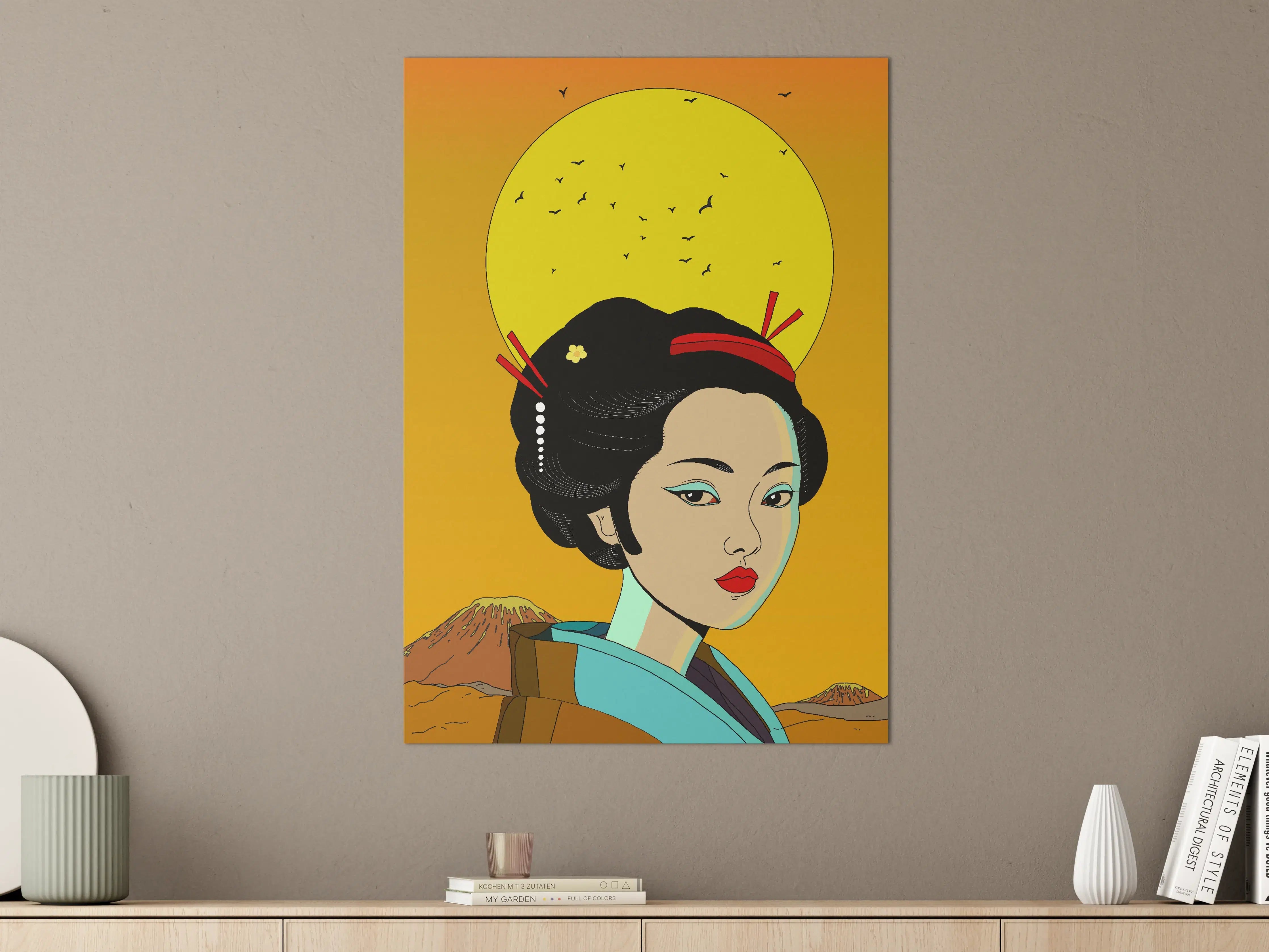 Große Wandbilder - Japanische Geisha mit Mondkatze