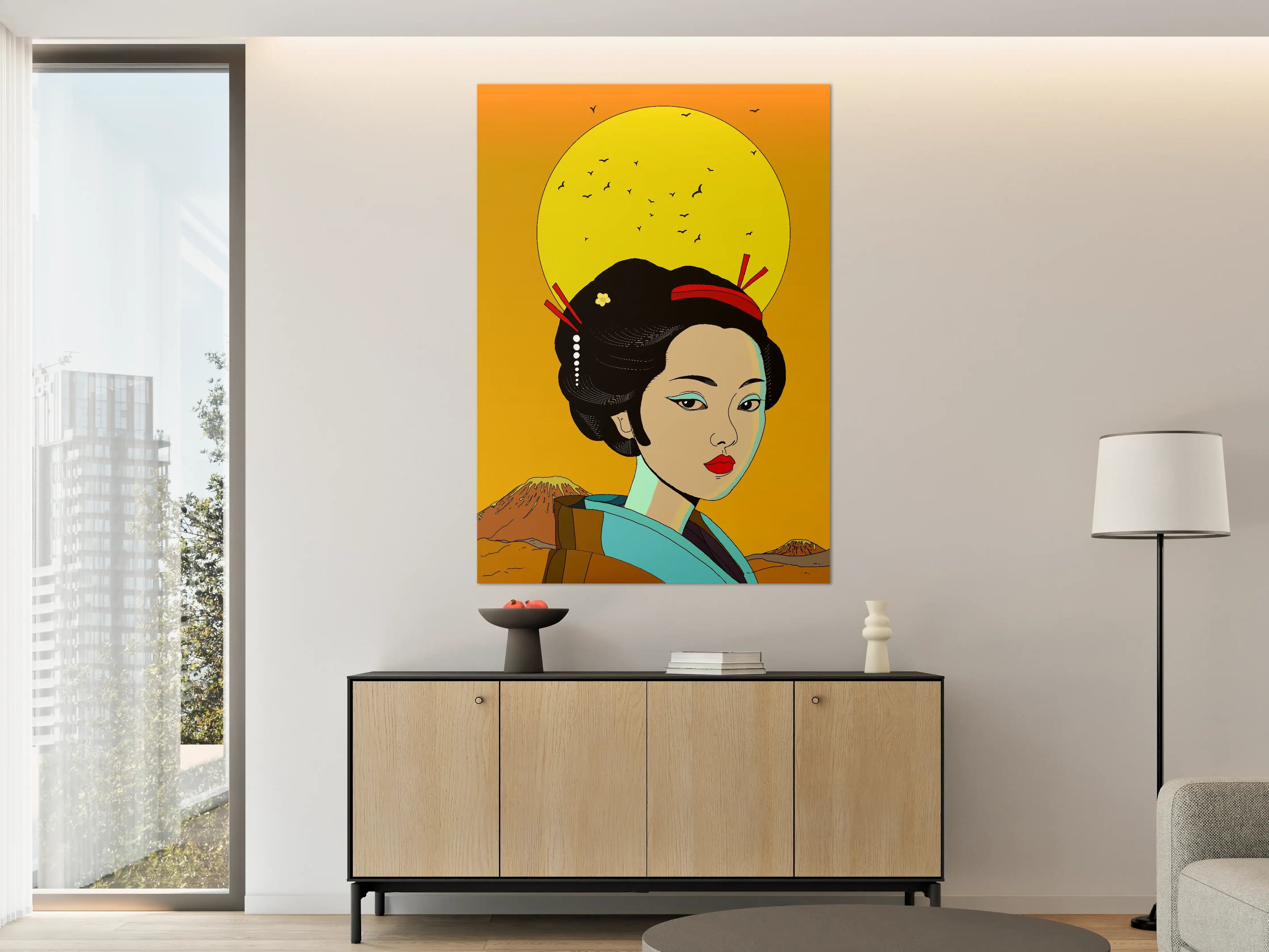 Große Wandbilder - Japanische Geisha mit Mondkatze