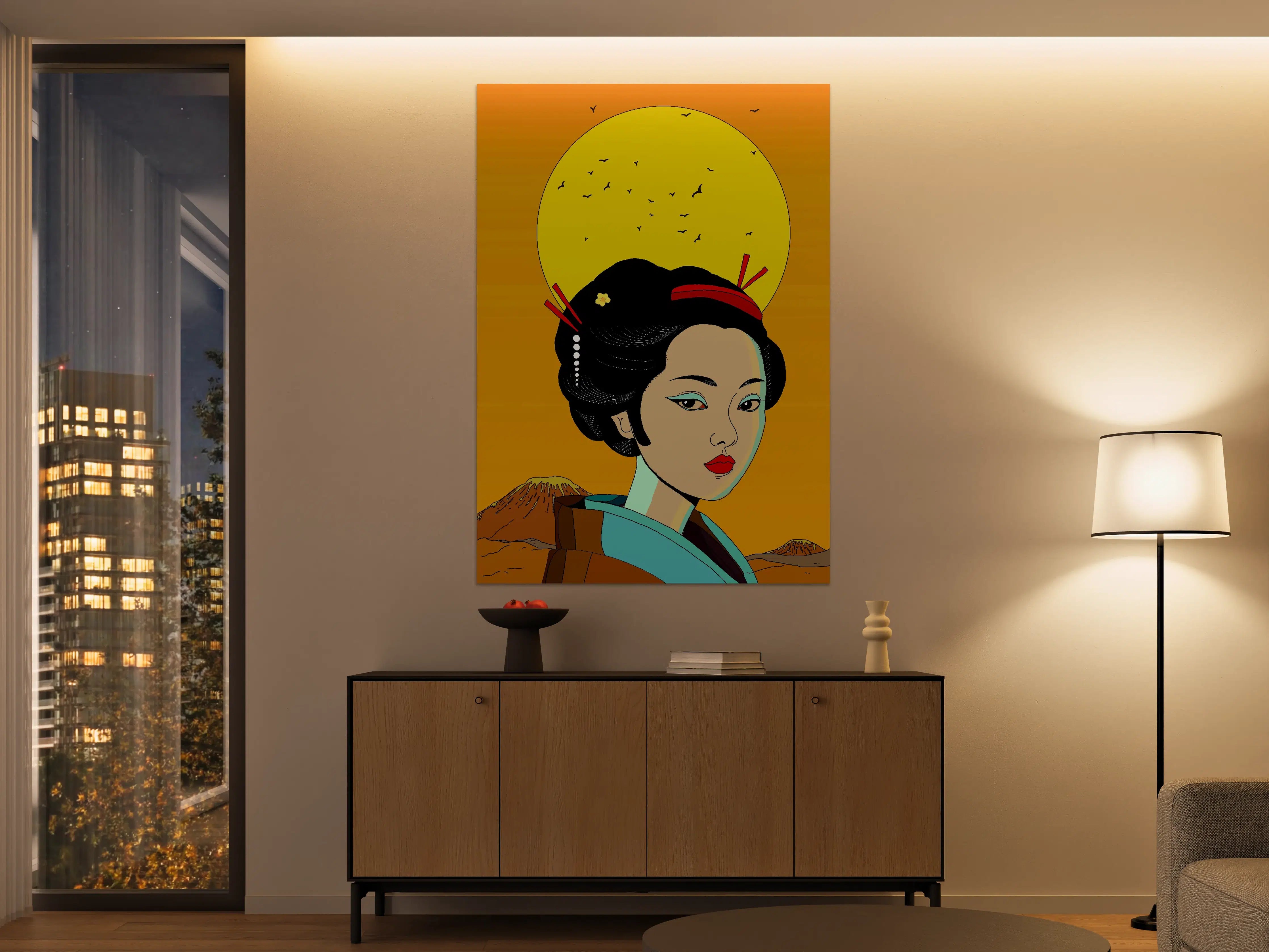 Große Wandbilder - Japanische Geisha mit Mondkatze