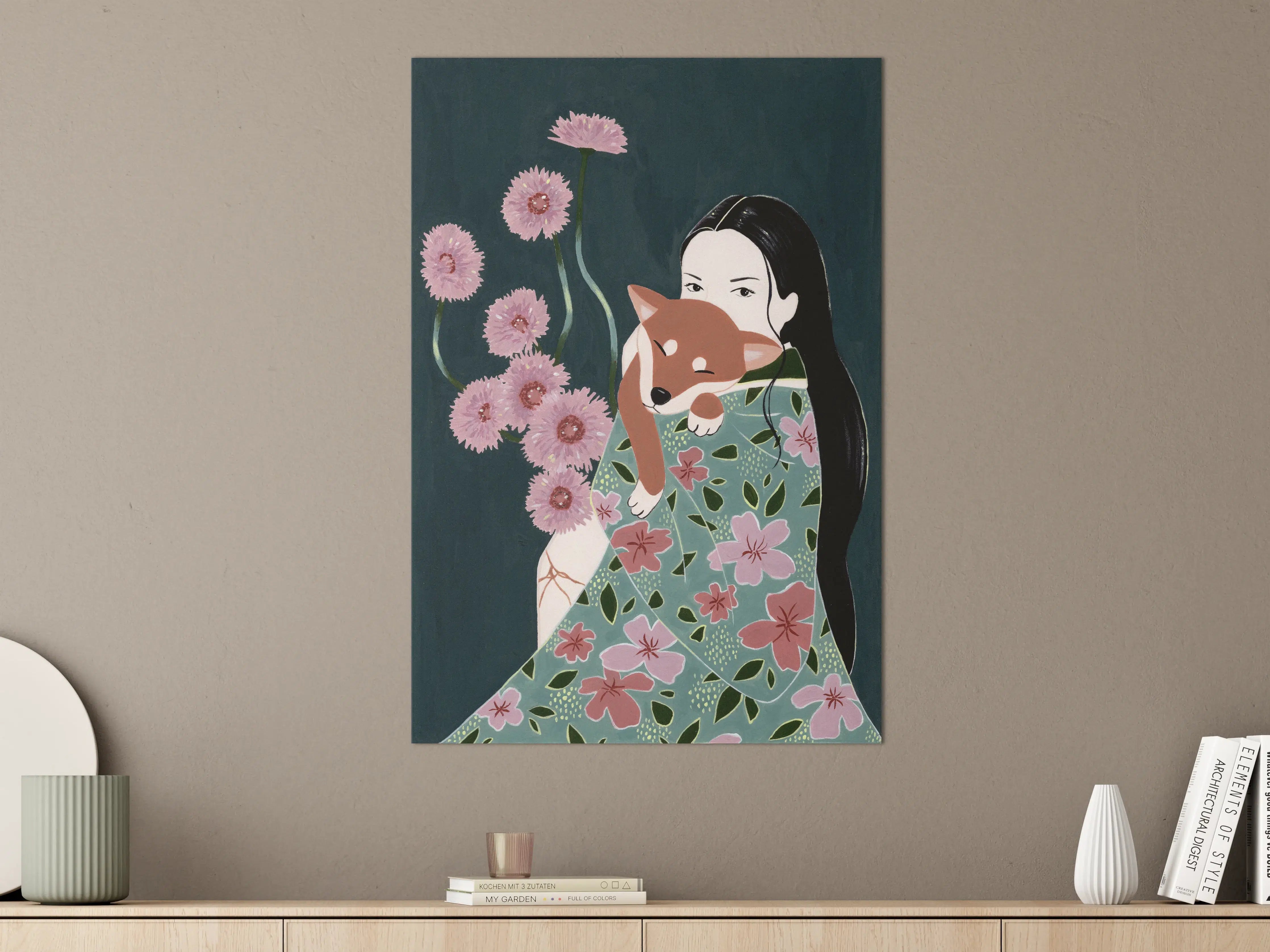 Große Wandbilder - Japanische Kunst mit Blüten und Figur