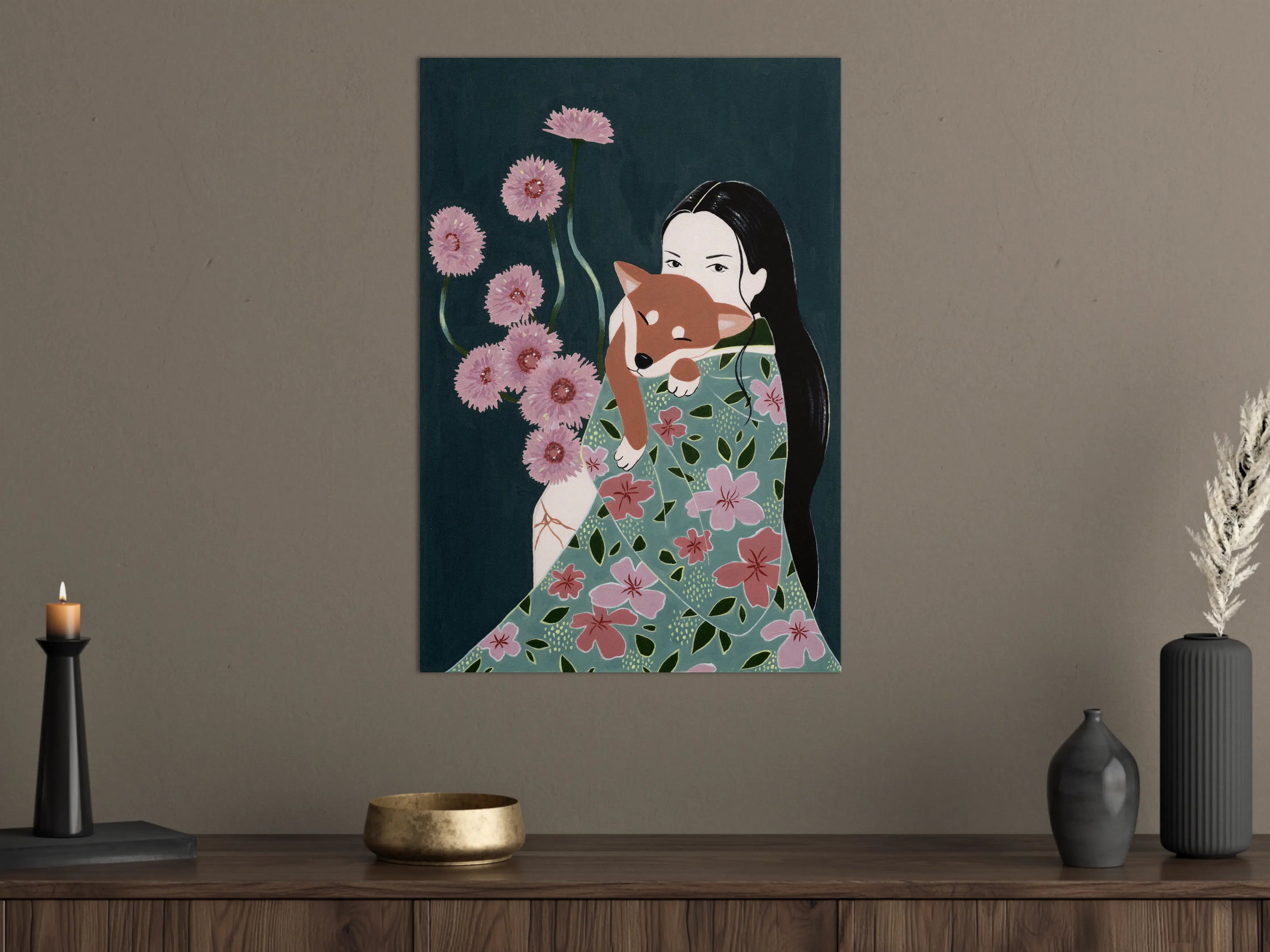 Große Wandbilder - Japanische Kunst mit Blüten und Figur