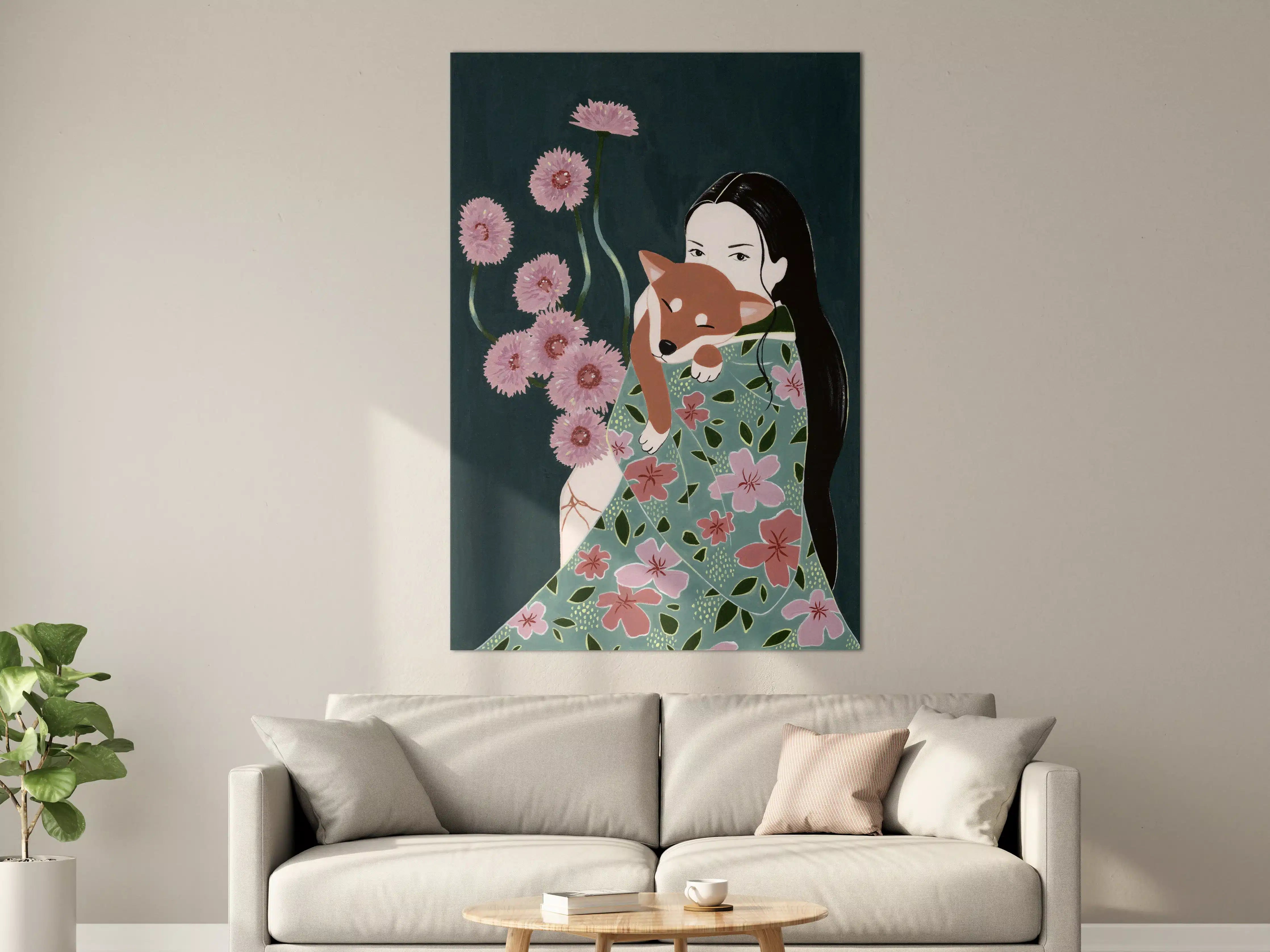 Große Wandbilder - Japanische Kunst mit Blüten und Figur