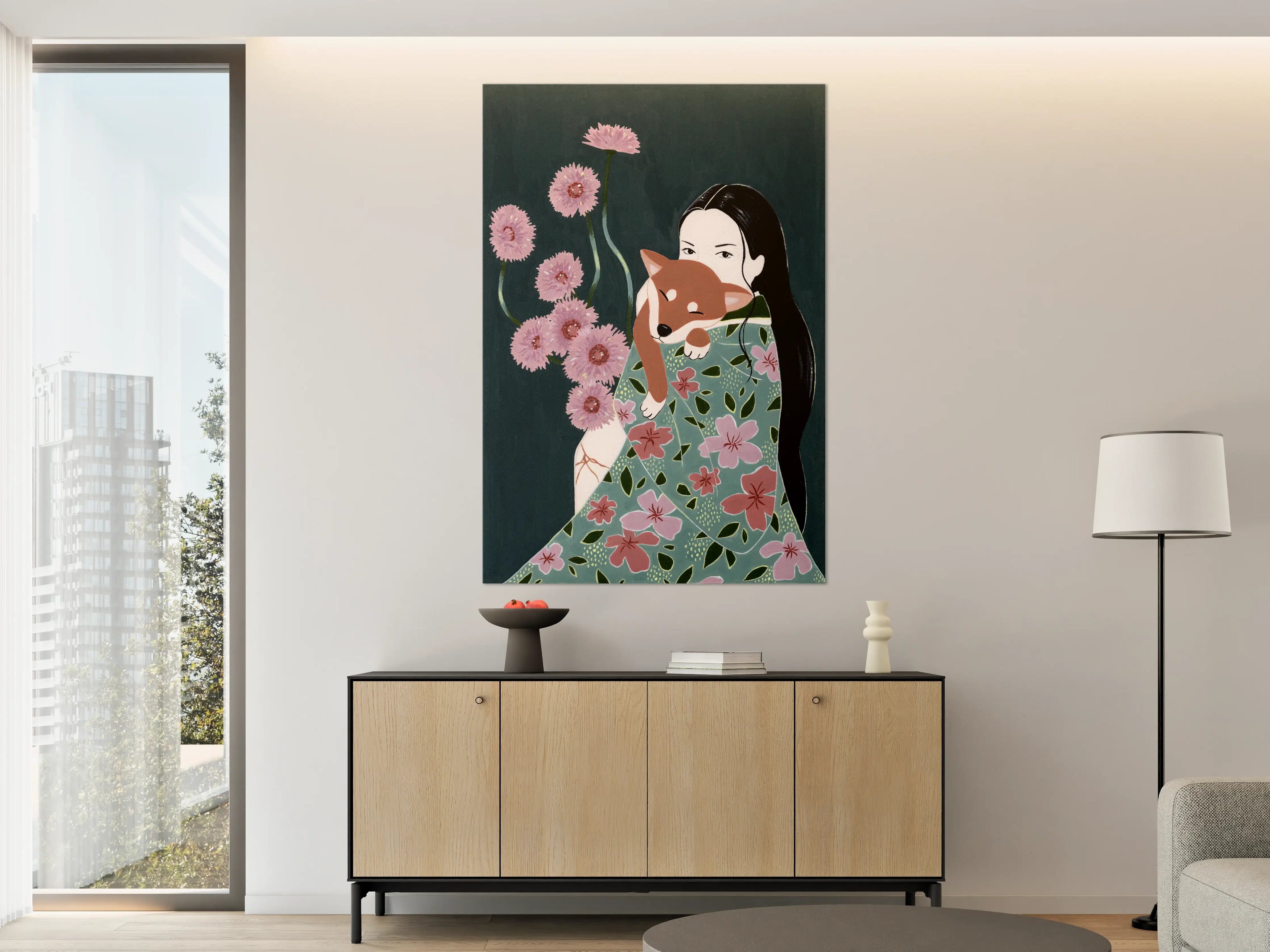 Große Wandbilder - Japanische Kunst mit Blüten und Figur