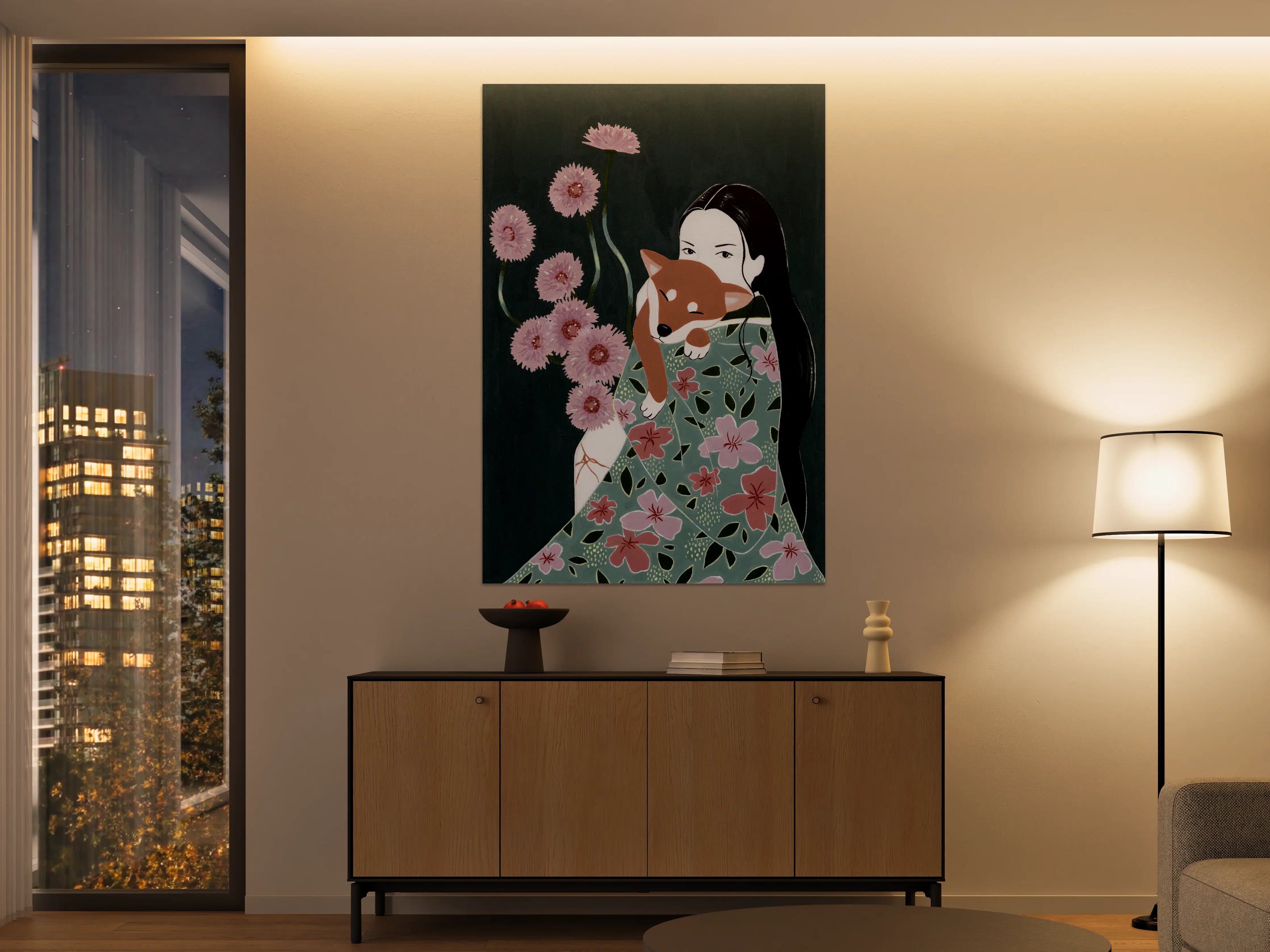 Große Wandbilder - Japanische Kunst mit Blüten und Figur