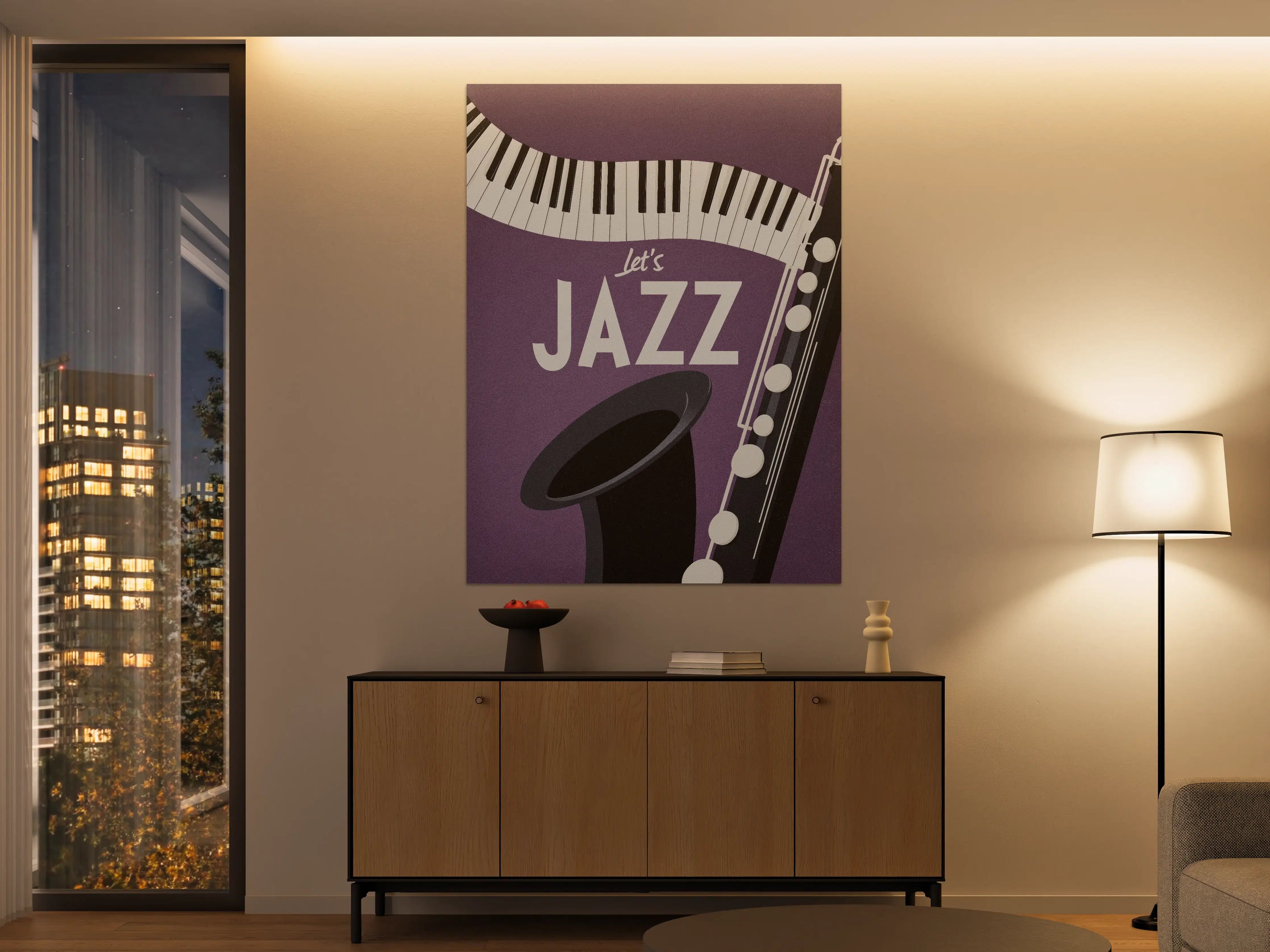 Große Wandbilder - Jazz-Musiknoten auf lila Hintergrund