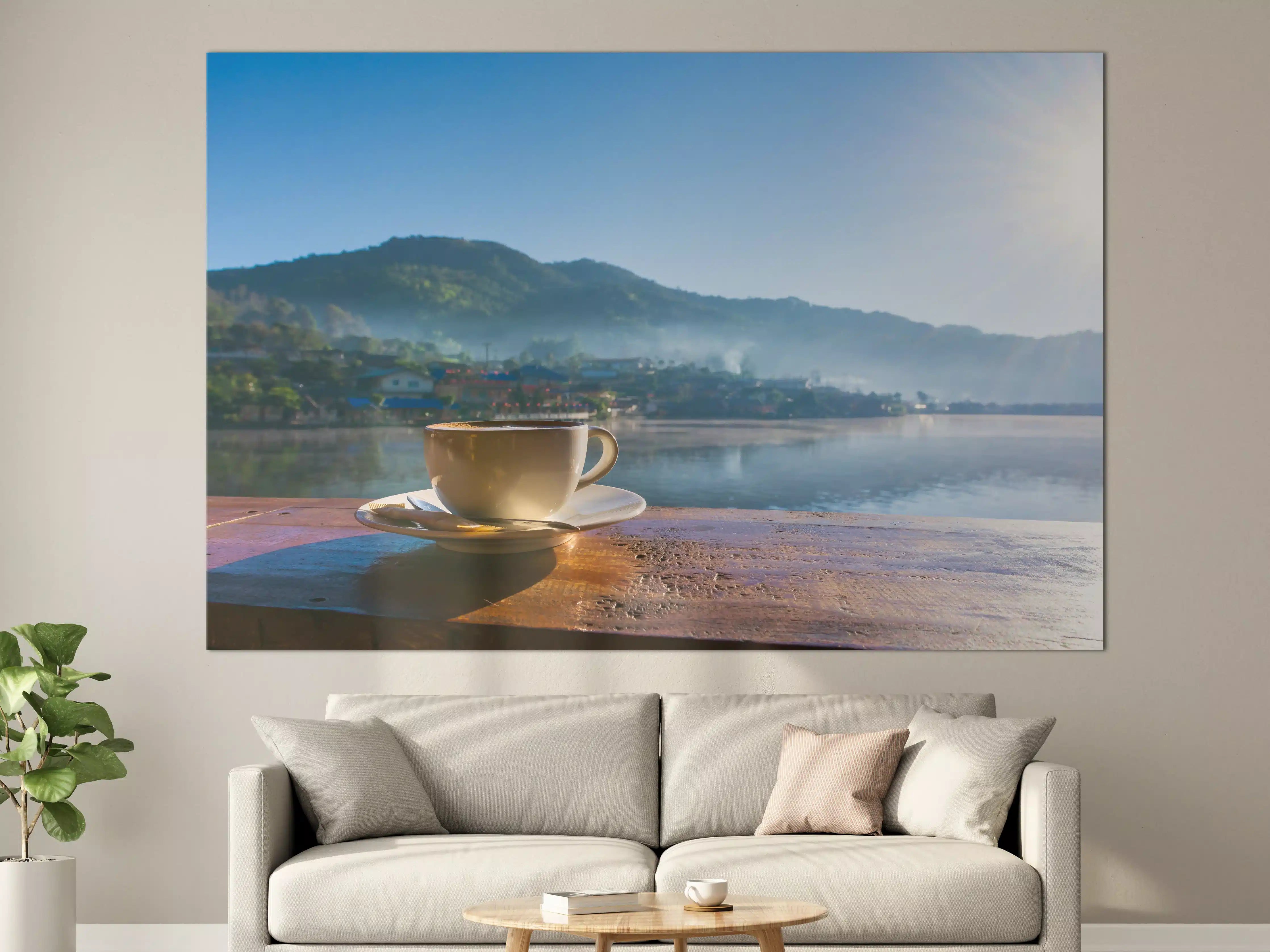 Große Wandbilder - Kaffee mit schöner See Aussicht am Morgen