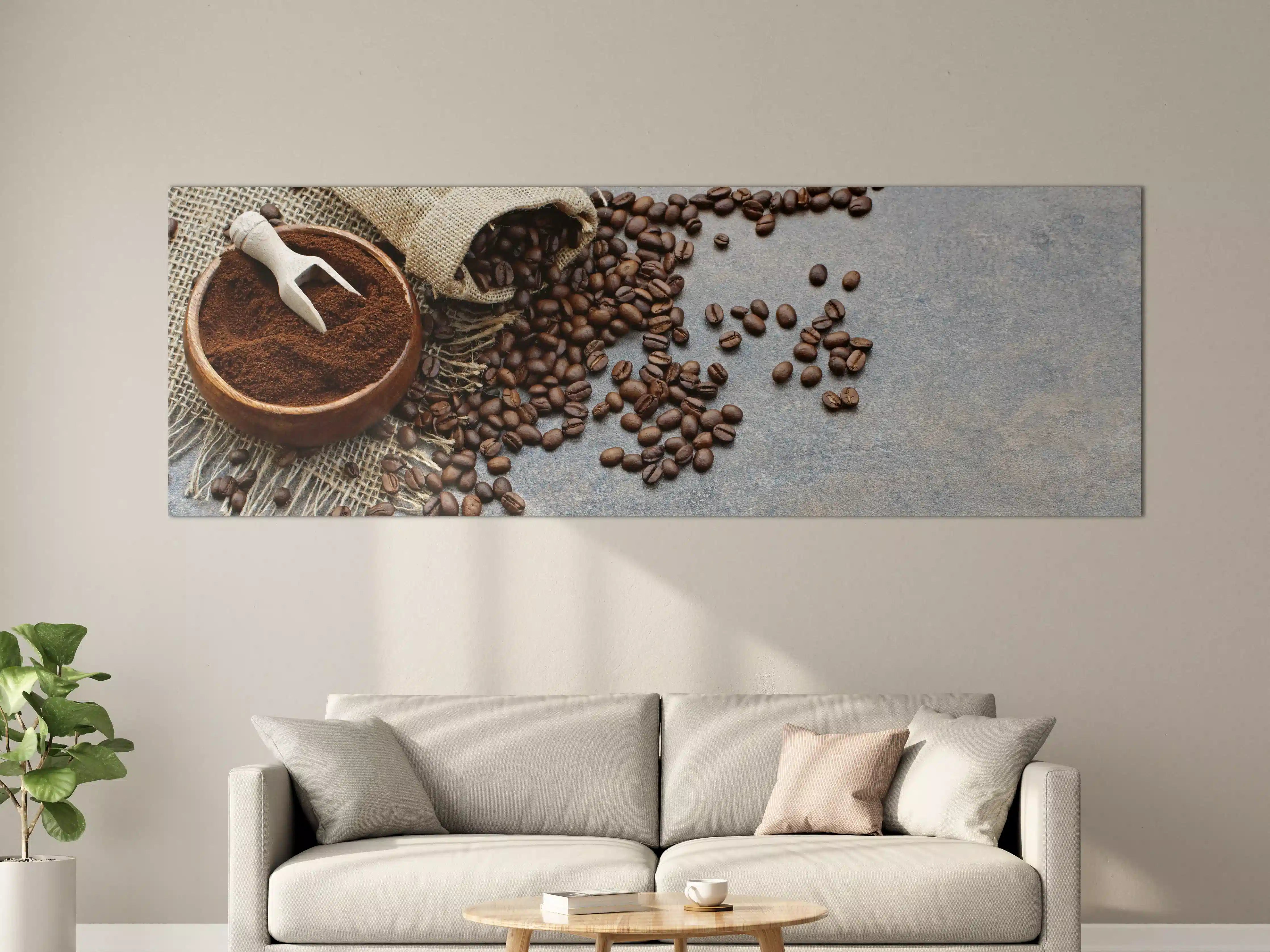 Große Wandbilder - Kaffeebohnen und Kaffeegrund auf grauem Stein