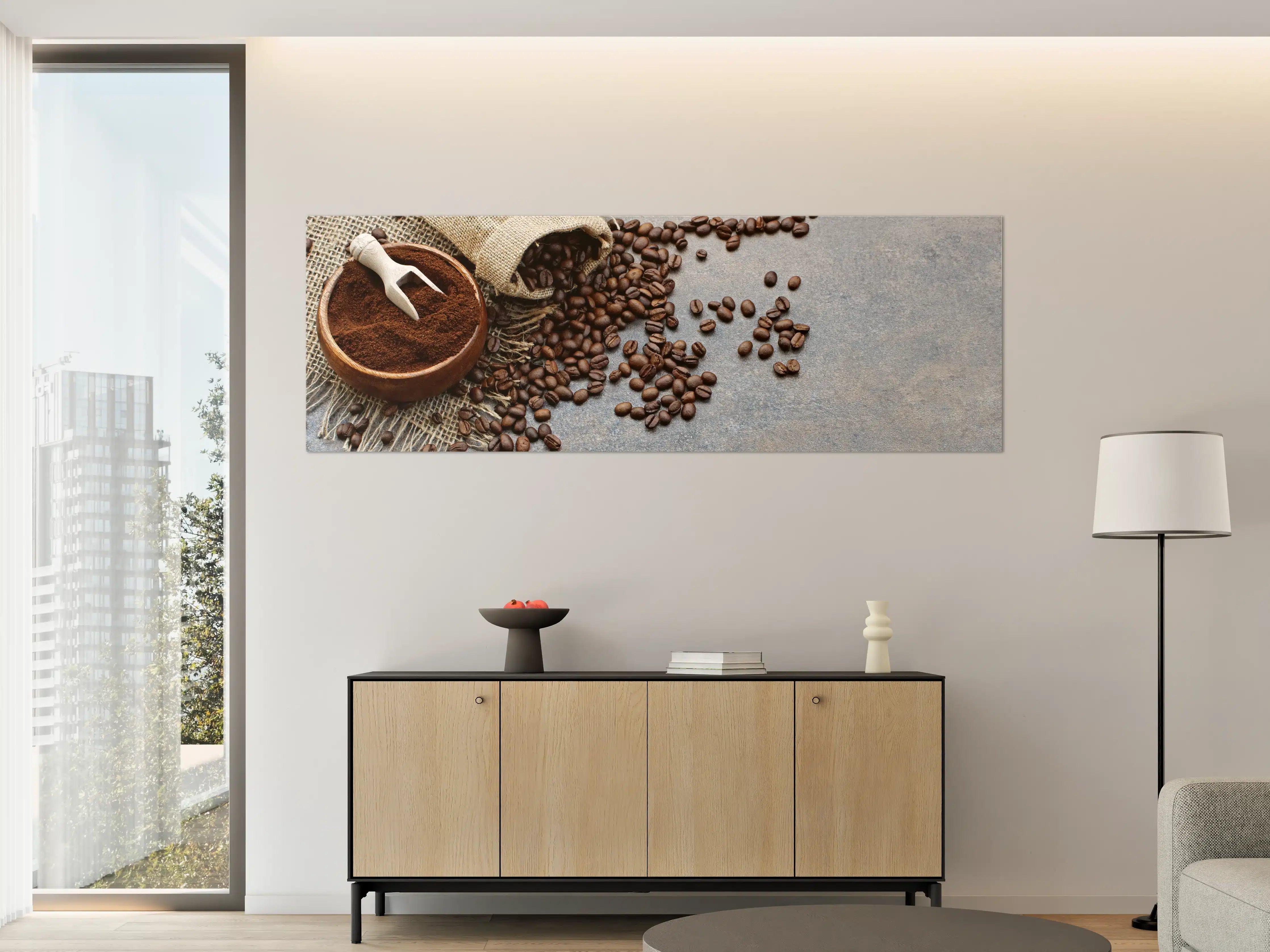 Große Wandbilder - Kaffeebohnen und Kaffeegrund auf grauem Stein