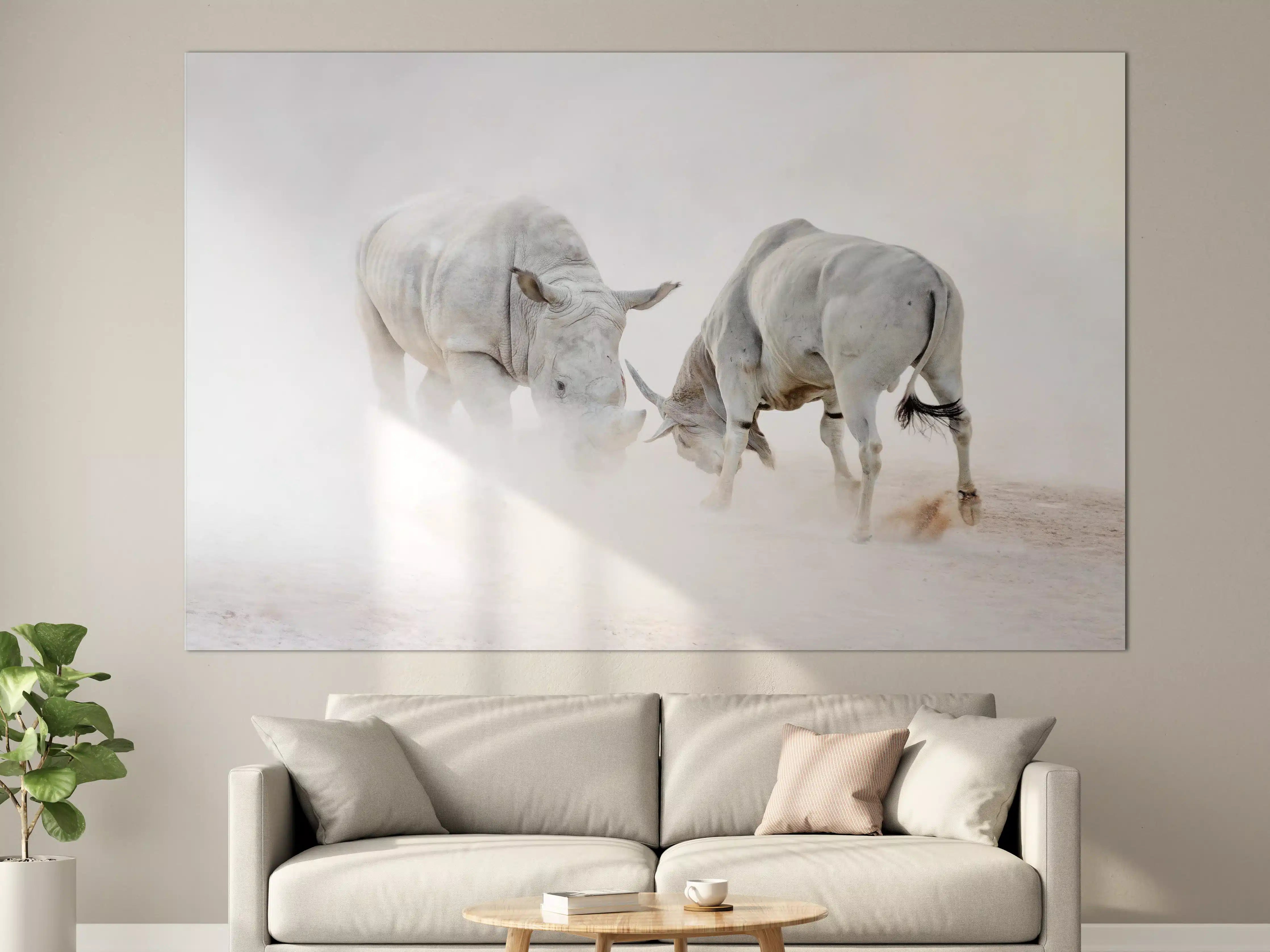 Große Wandbilder - Kampf zwischen Nashorn und Oryx