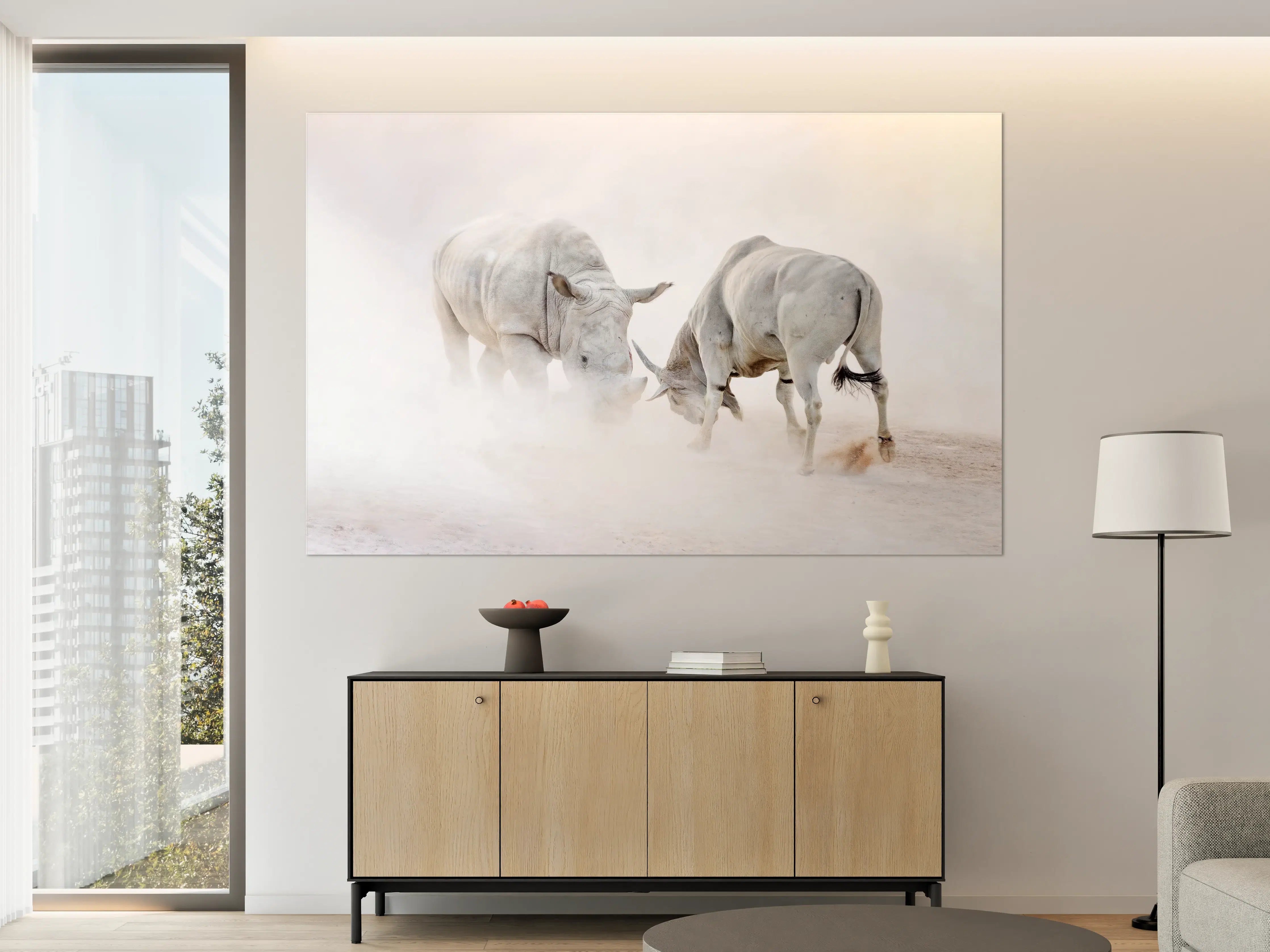Große Wandbilder - Kampf zwischen Nashorn und Oryx