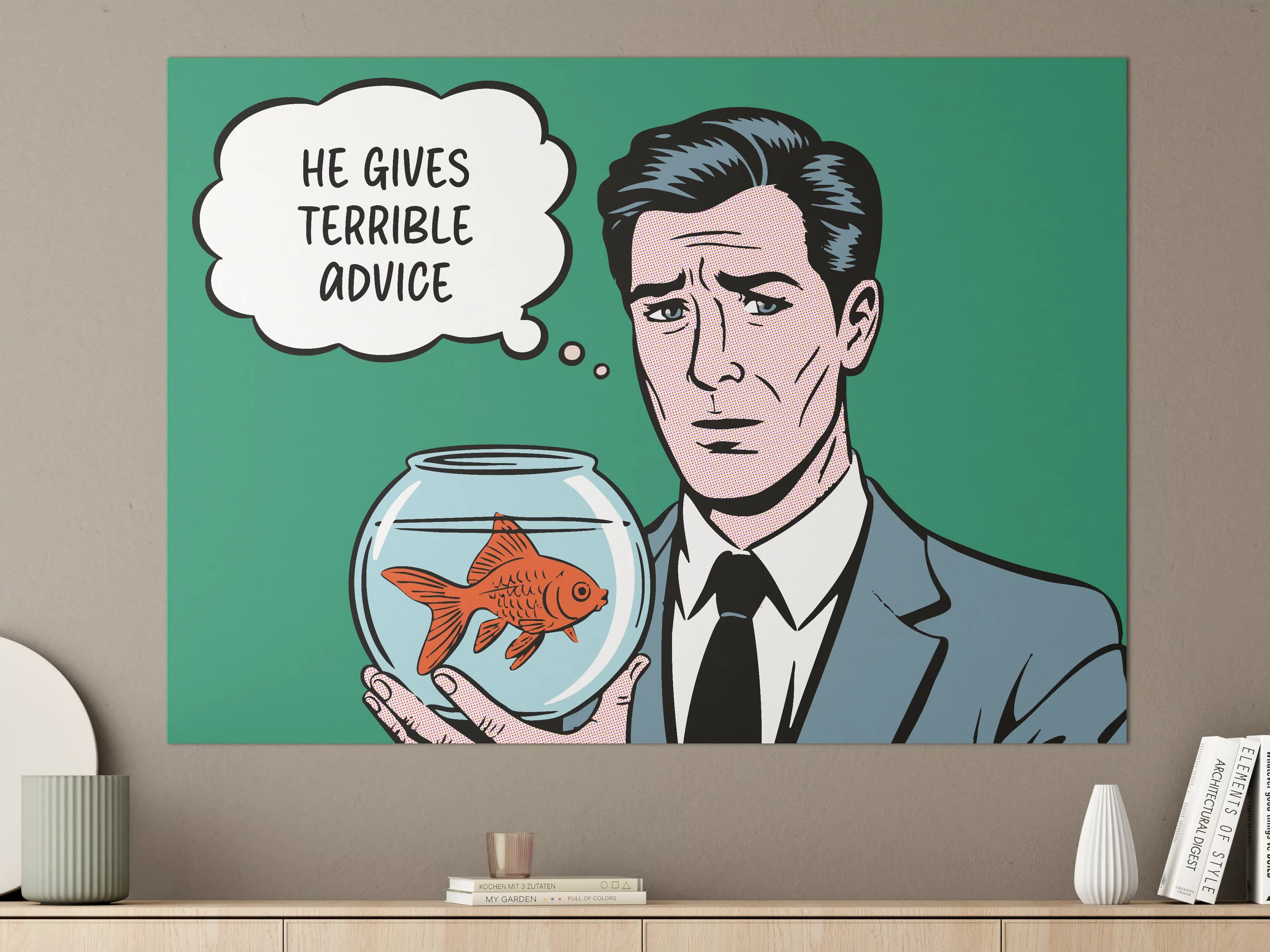 Große Wandbilder - Karikatur mit Fisch und Mann in Anzug