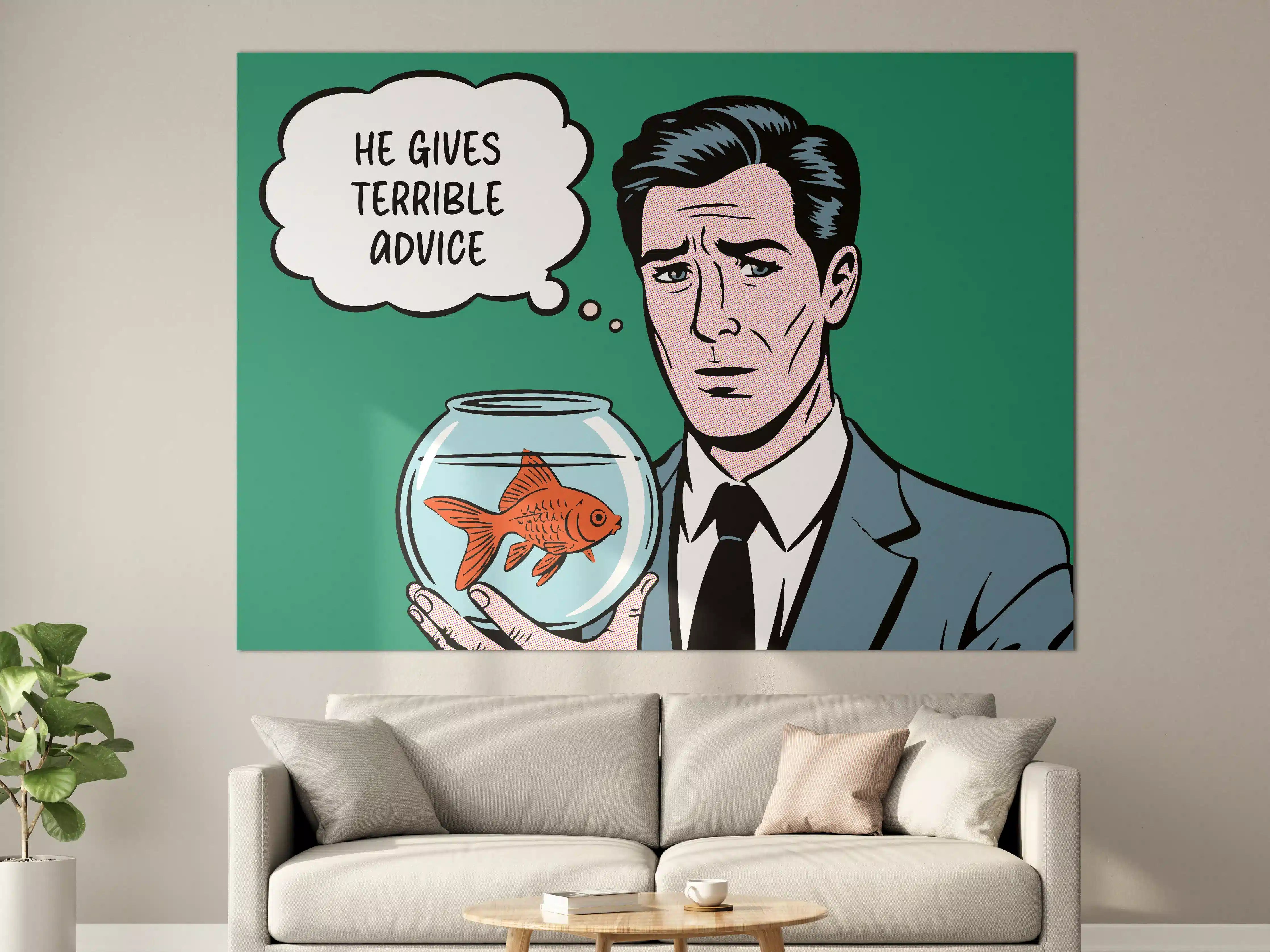 Große Wandbilder - Karikatur mit Fisch und Mann in Anzug