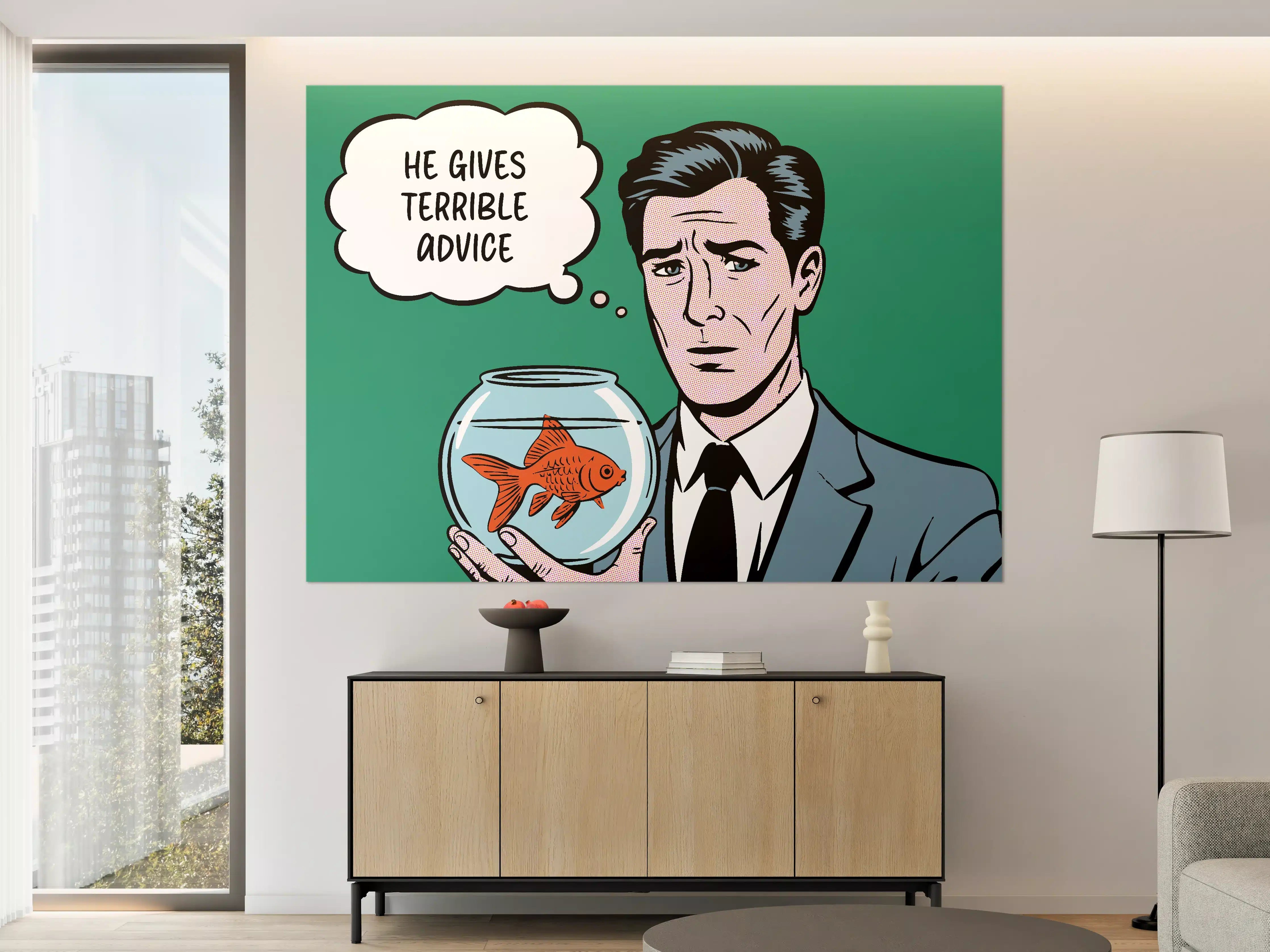 Große Wandbilder - Karikatur mit Fisch und Mann in Anzug