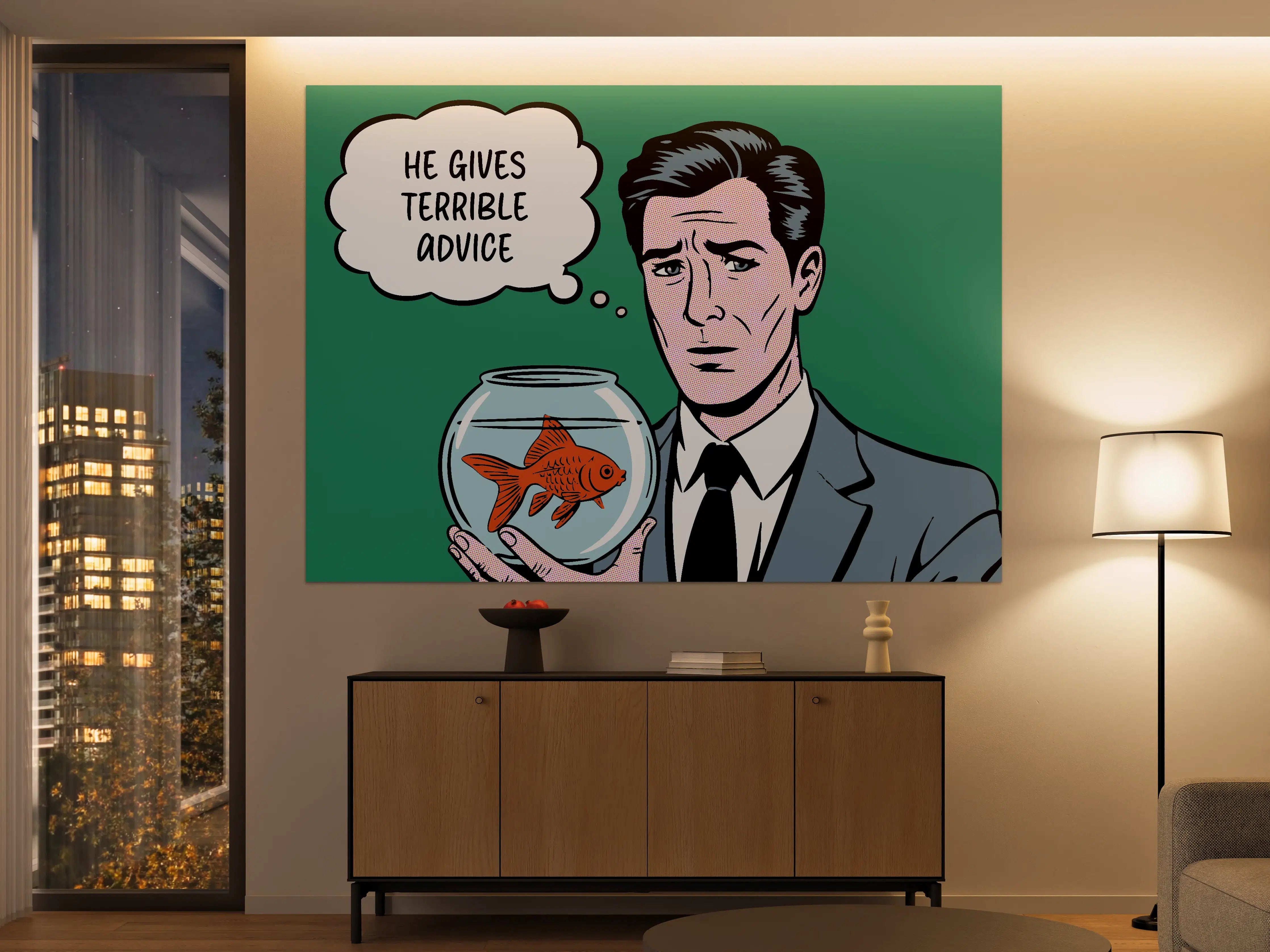 Große Wandbilder - Karikatur mit Fisch und Mann in Anzug