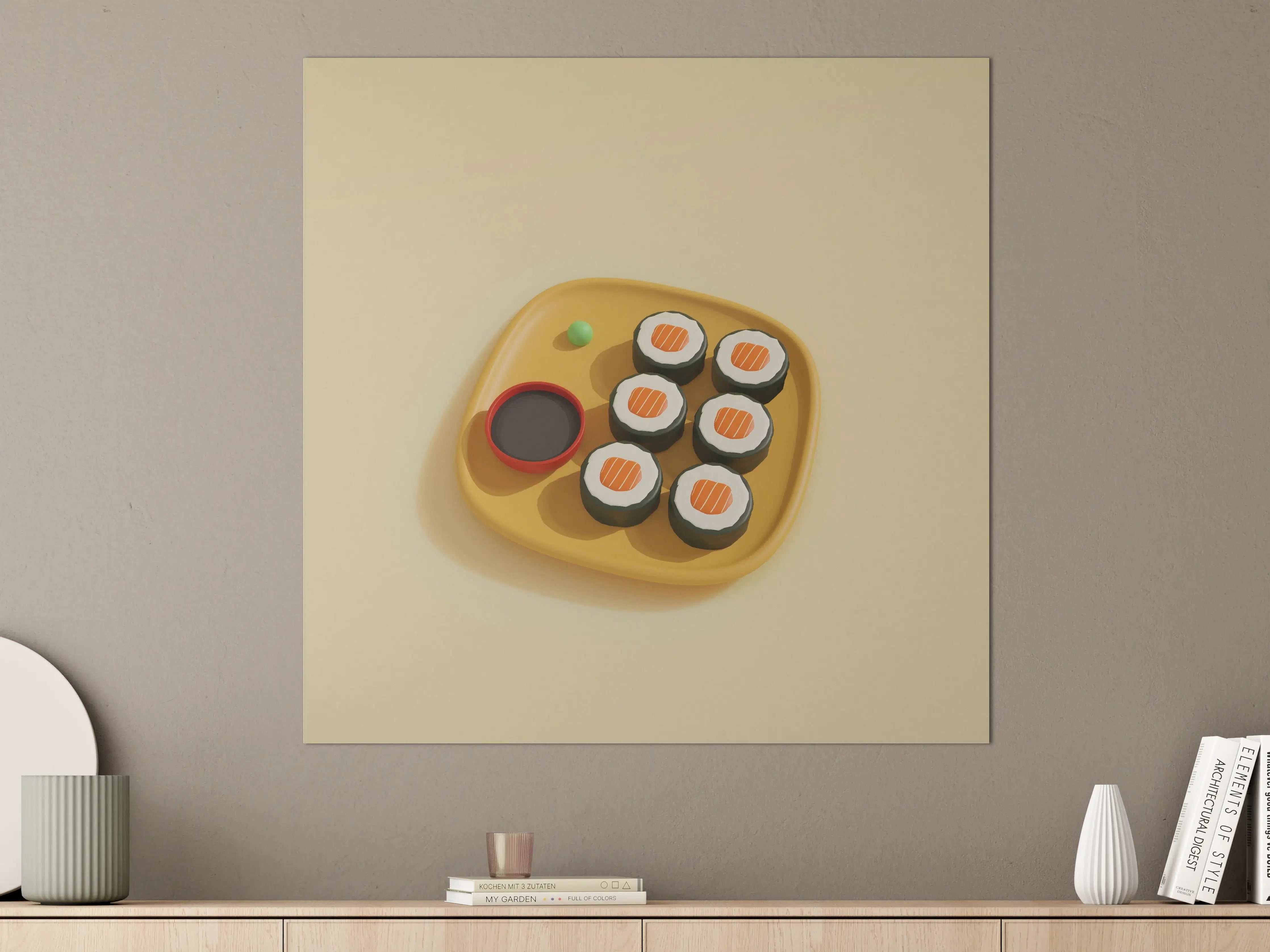 Große Wandbilder - Kleines Sushi-Set auf gelbener Platte