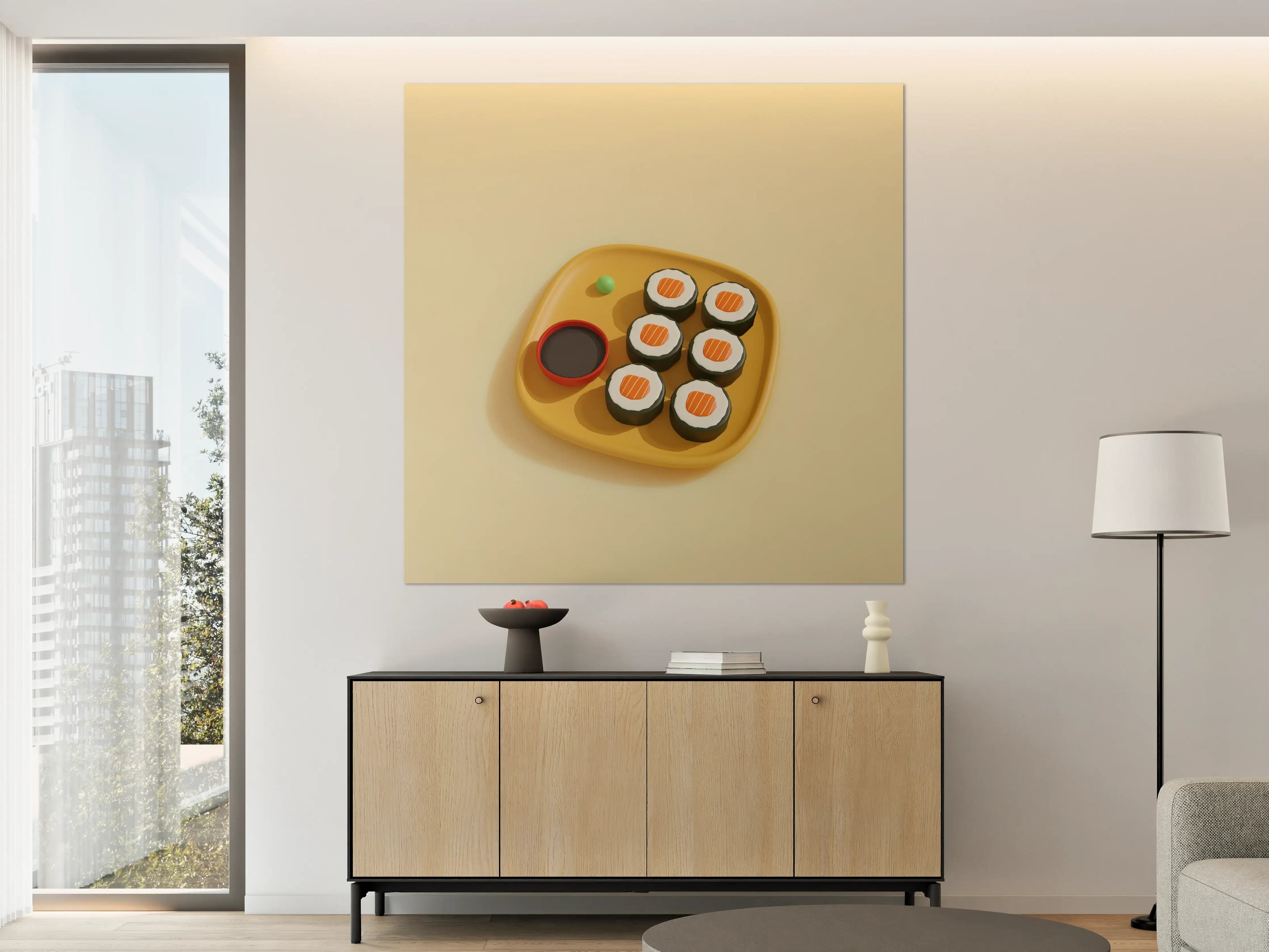 Große Wandbilder - Kleines Sushi-Set auf gelbener Platte