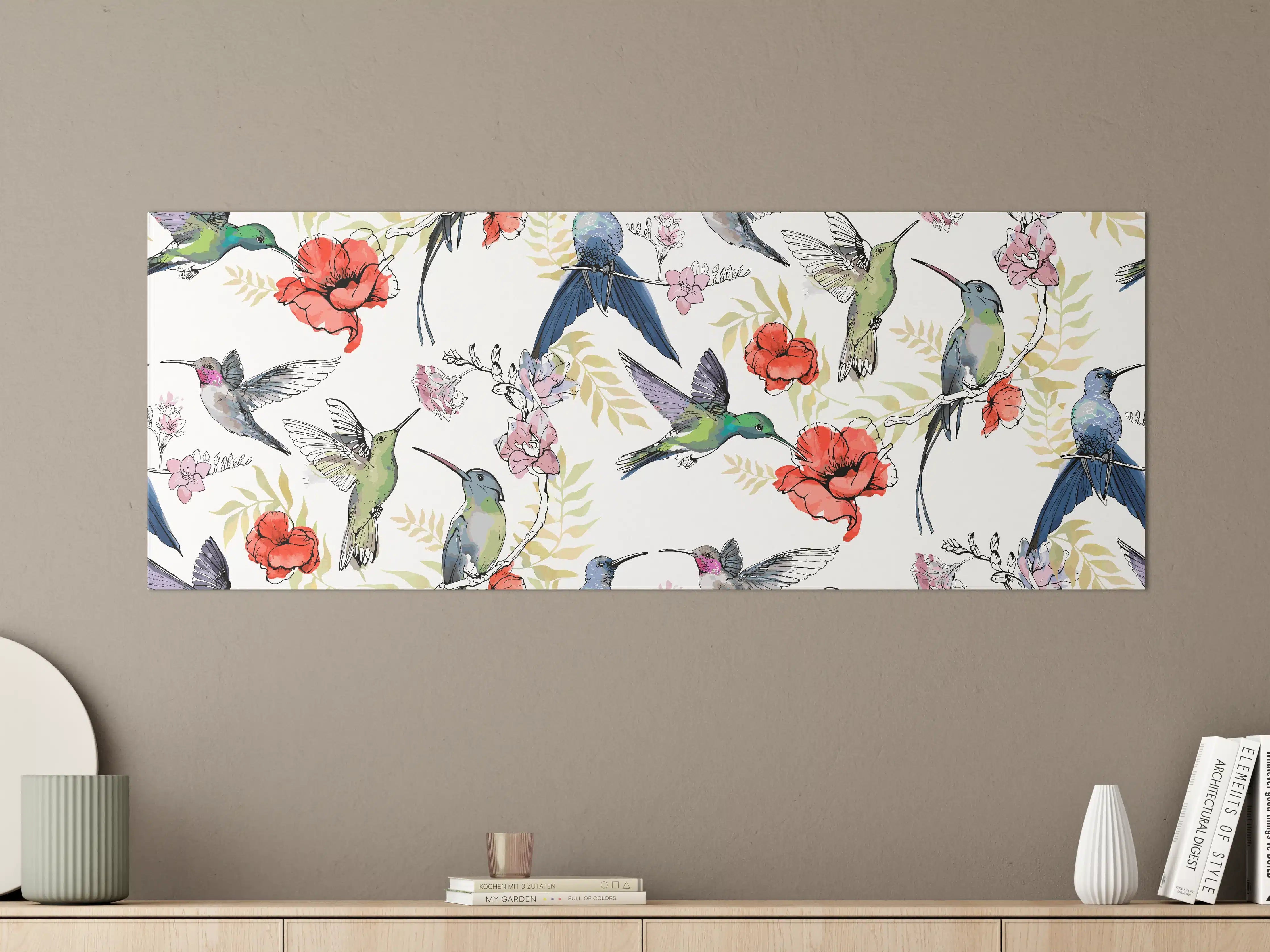 Große Wandbilder - Kolibri-Blumen-Muster Textil