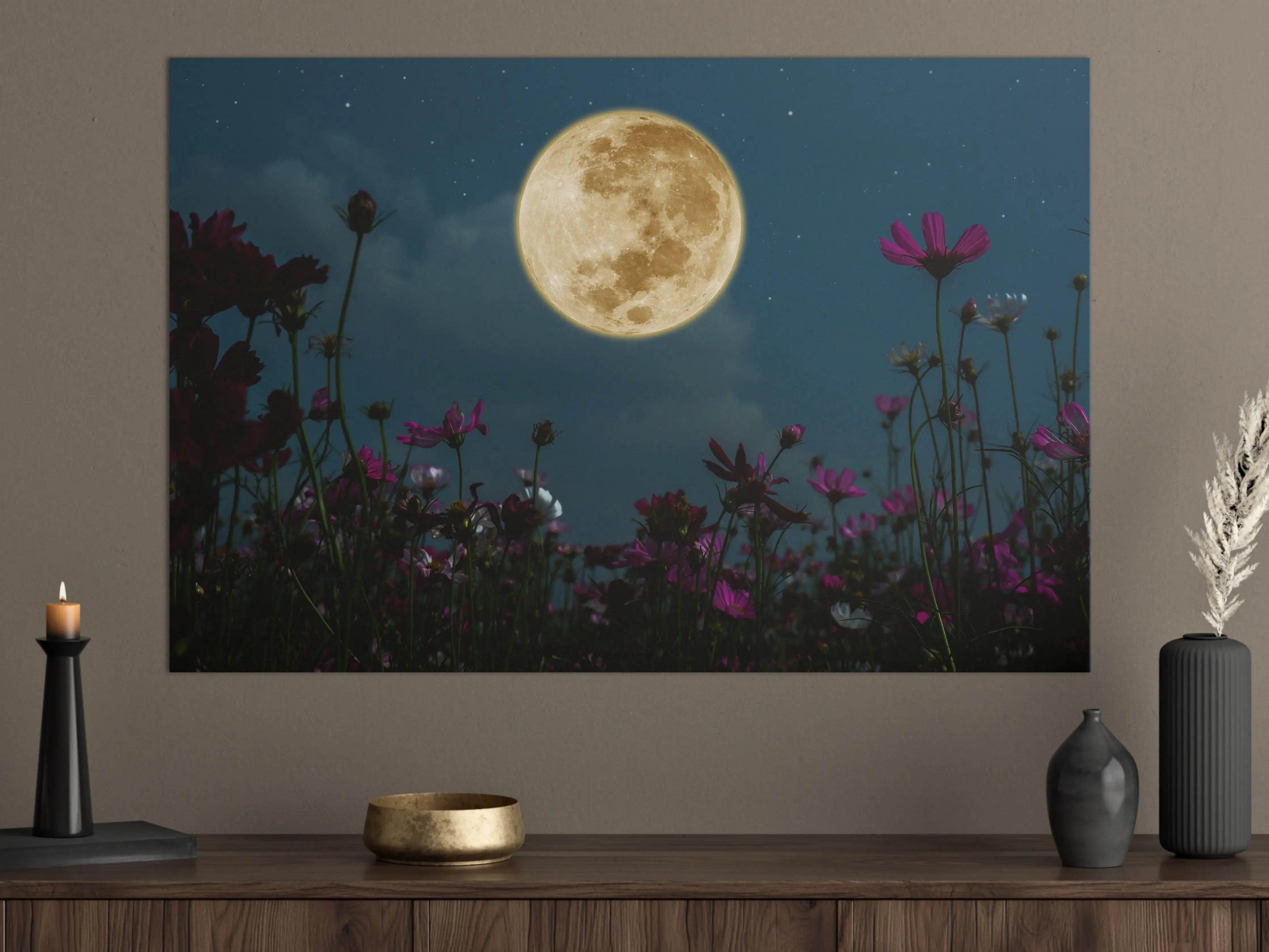 Große Wandbilder - Kosmosblüten bei Vollmond