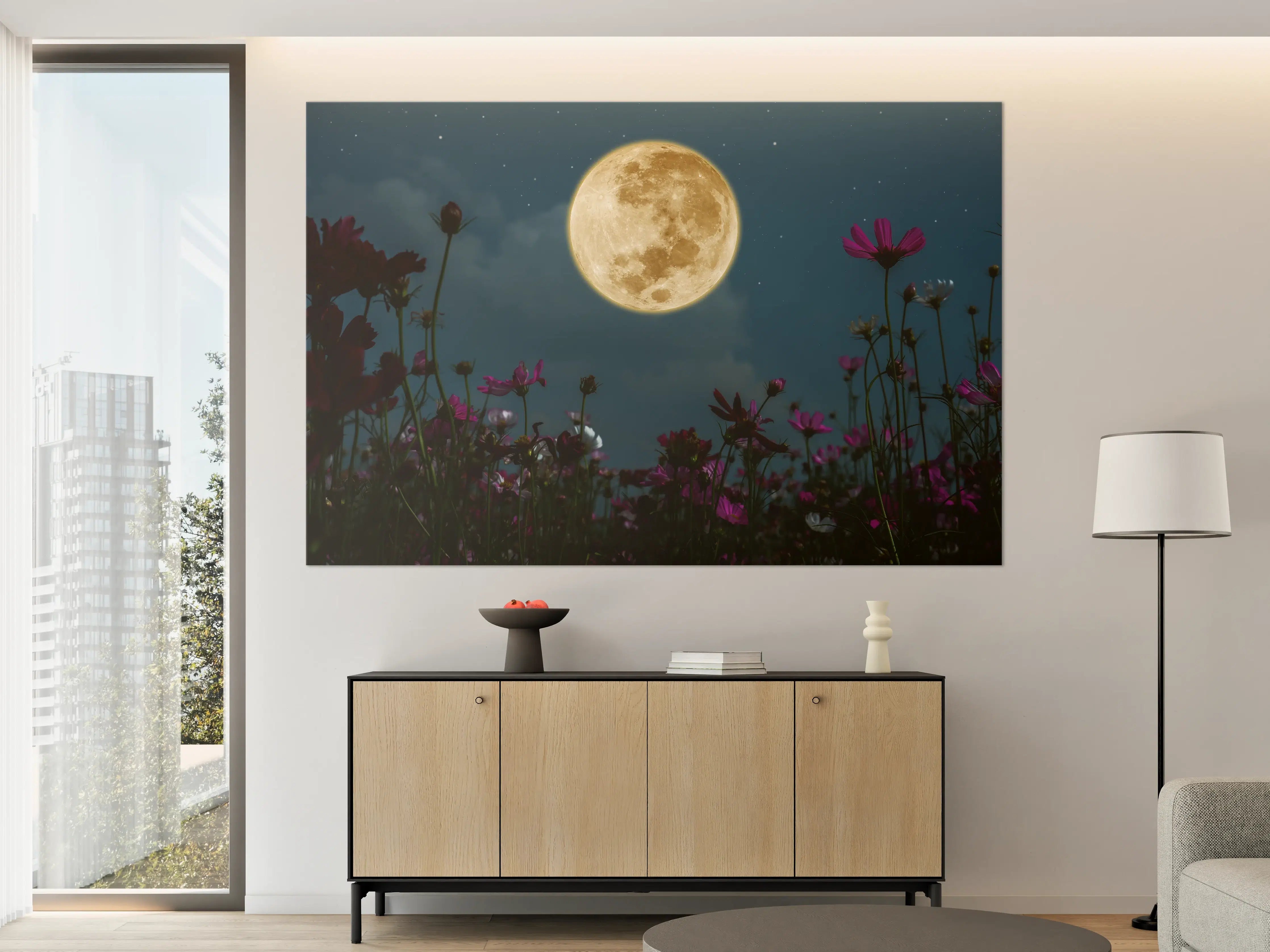 Große Wandbilder - Kosmosblüten bei Vollmond