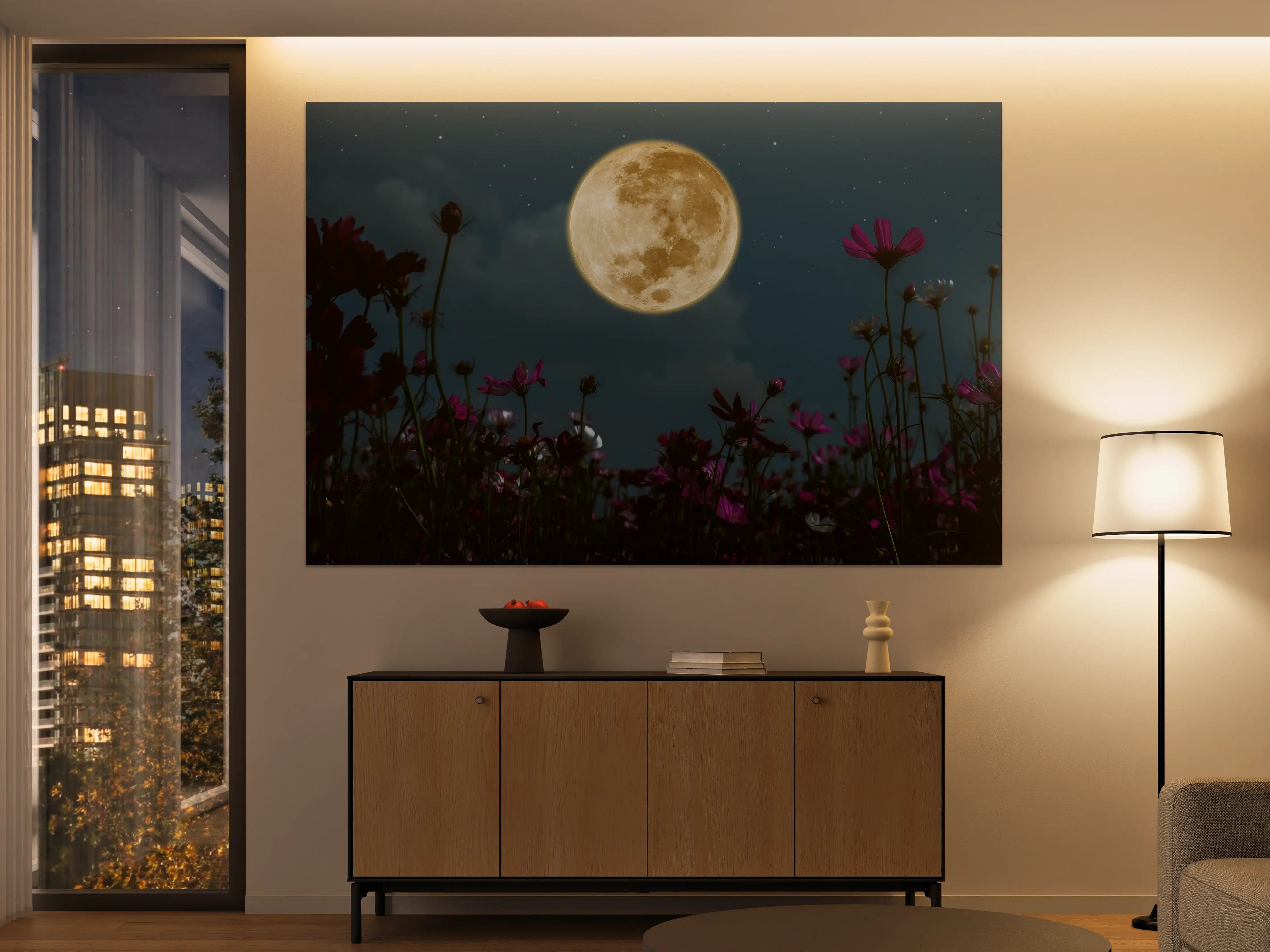 Große Wandbilder - Kosmosblüten bei Vollmond