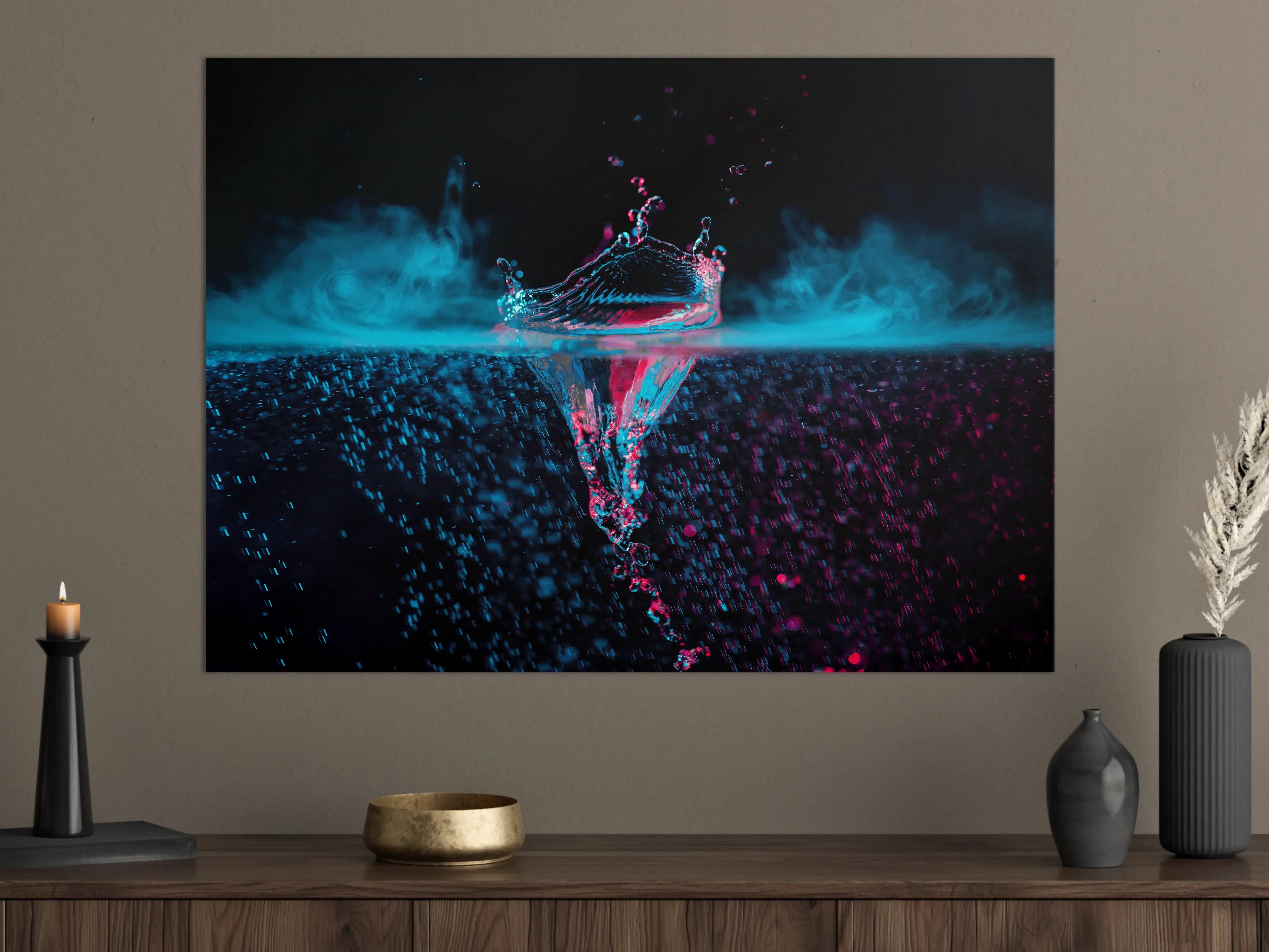 Große Wandbilder - Krone Wasserspritzer mit blauem Rauch über Wasser