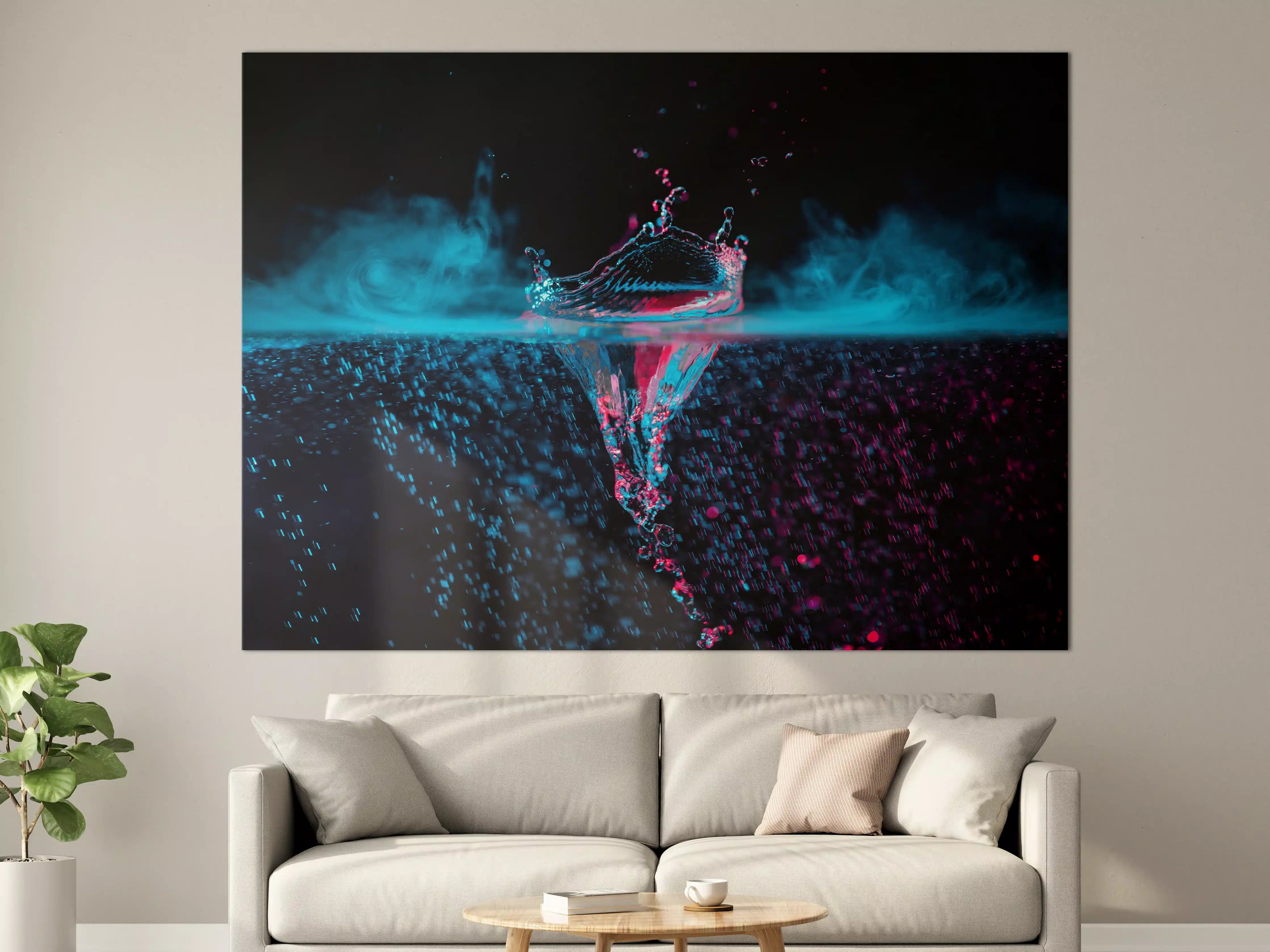 Große Wandbilder - Krone Wasserspritzer mit blauem Rauch über Wasser