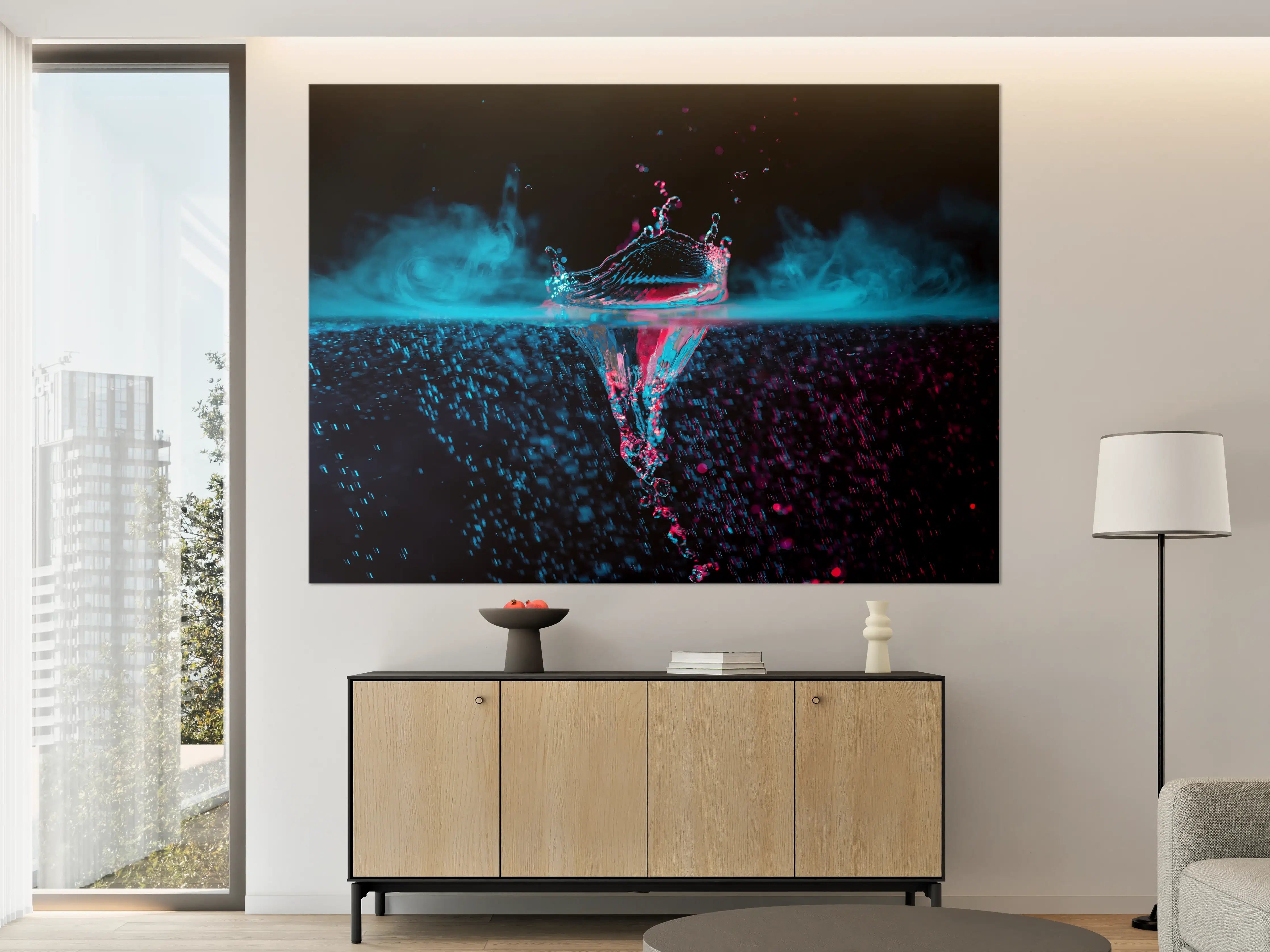 Große Wandbilder - Krone Wasserspritzer mit blauem Rauch über Wasser