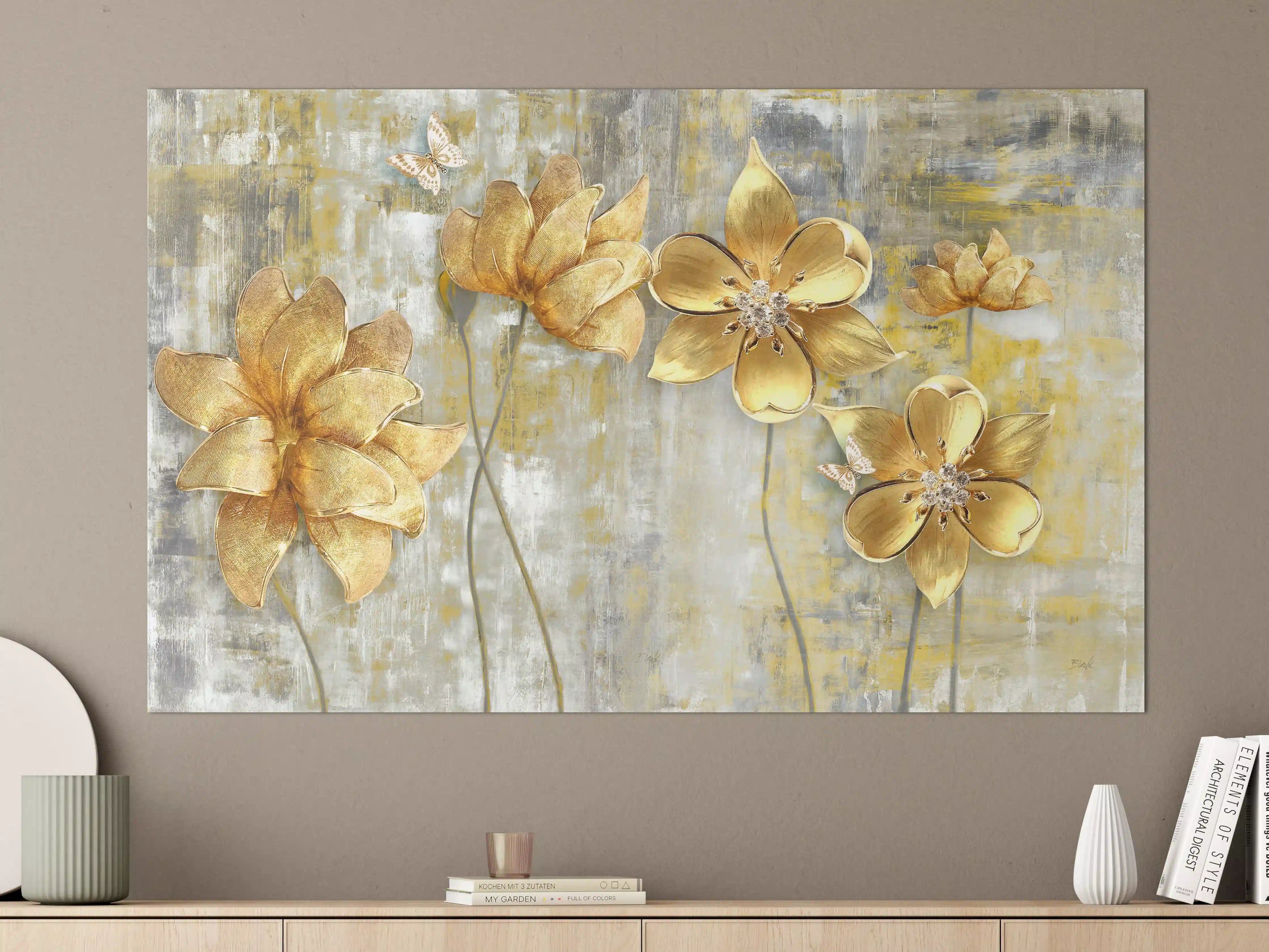 Große Wandbilder - Künstlerische Blattgold-Blumen