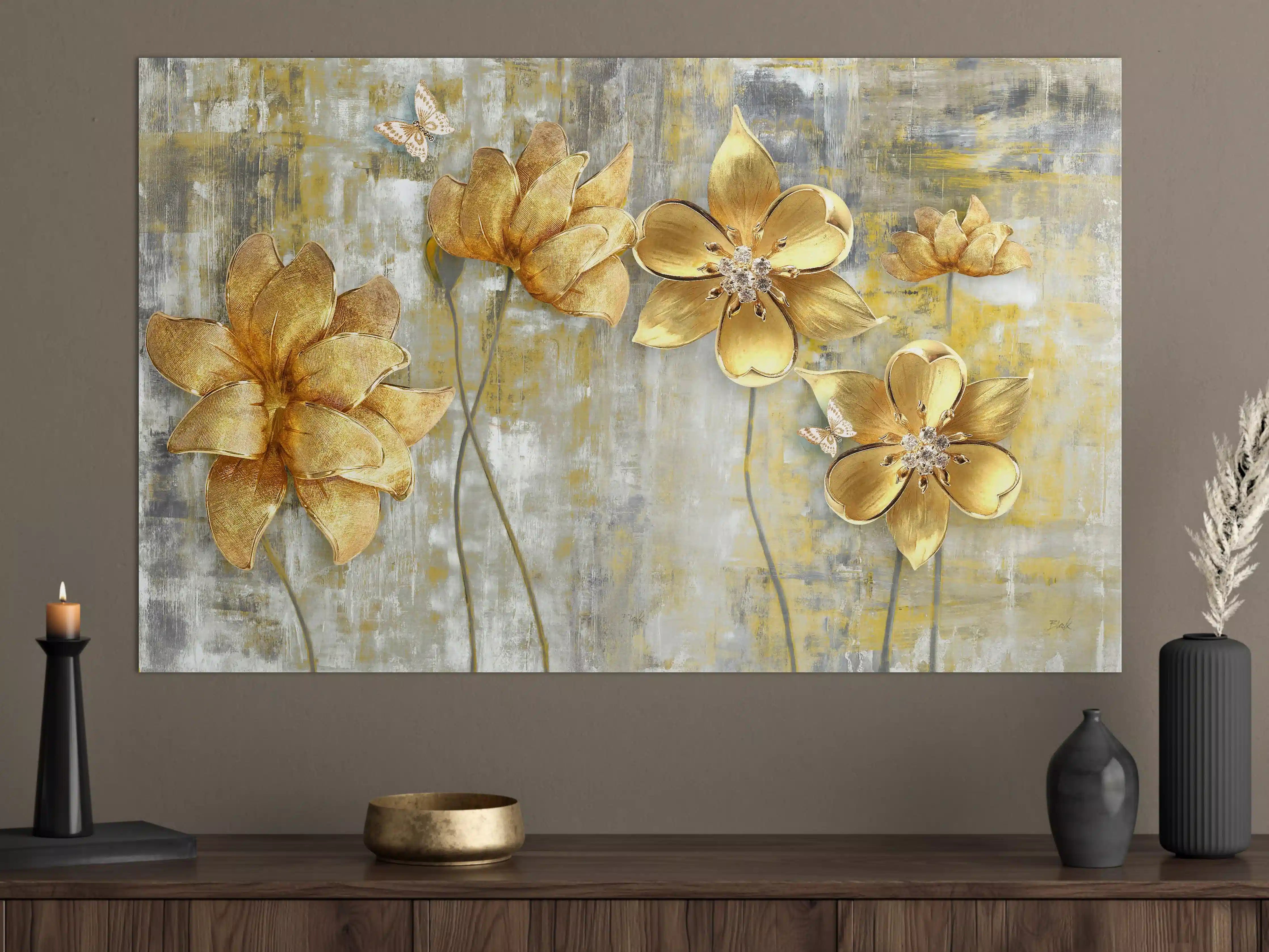 Große Wandbilder - Künstlerische Blattgold-Blumen
