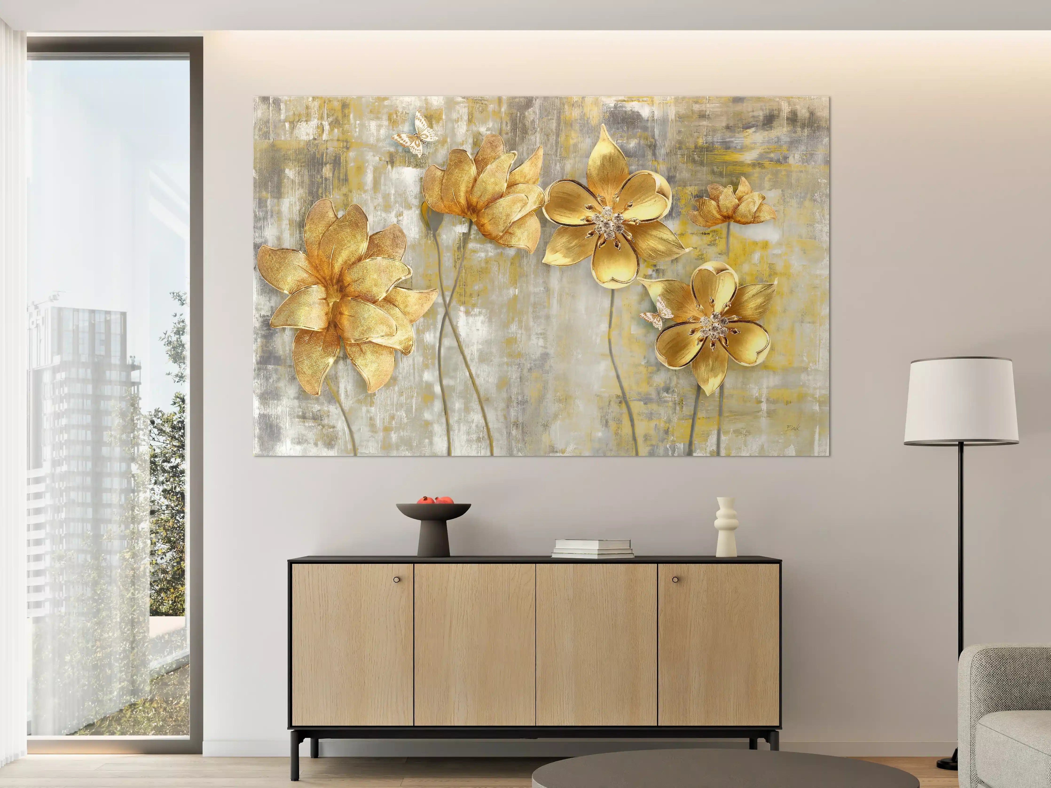 Große Wandbilder - Künstlerische Blattgold-Blumen