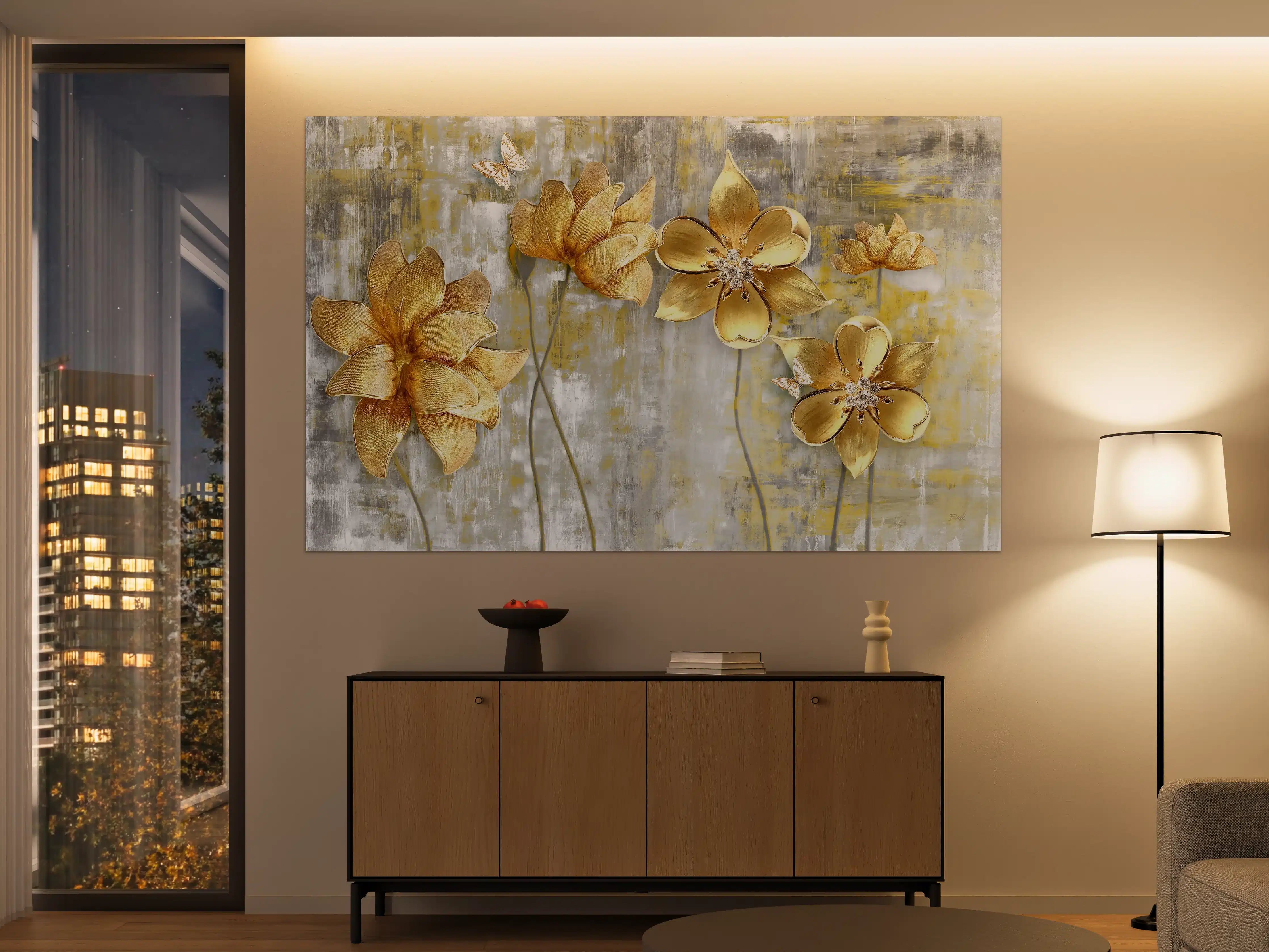Große Wandbilder - Künstlerische Blattgold-Blumen