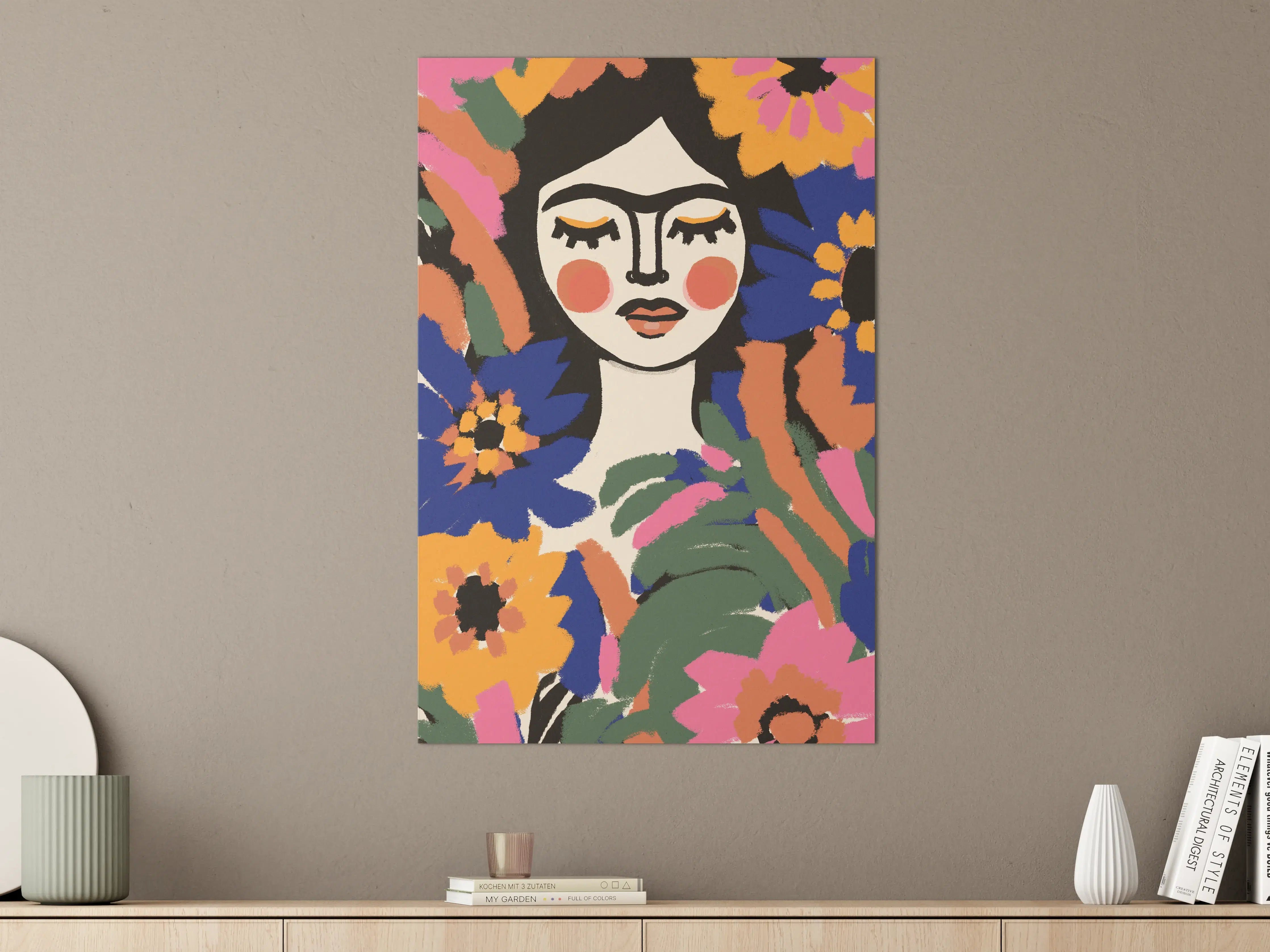 Große Wandbilder - Künstlerische Frauenportrait mit bunten Blumen