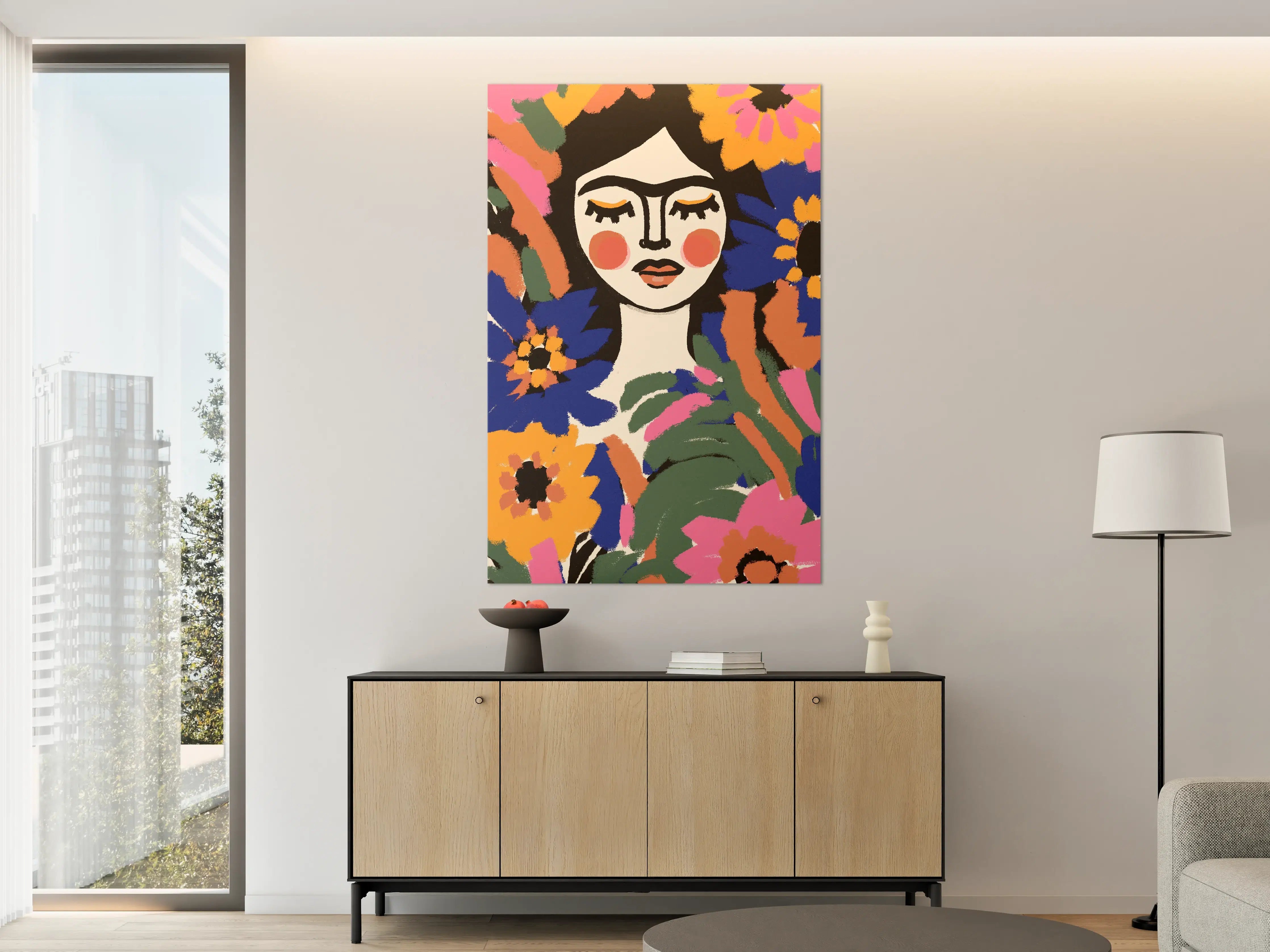 Große Wandbilder - Künstlerische Frauenportrait mit bunten Blumen
