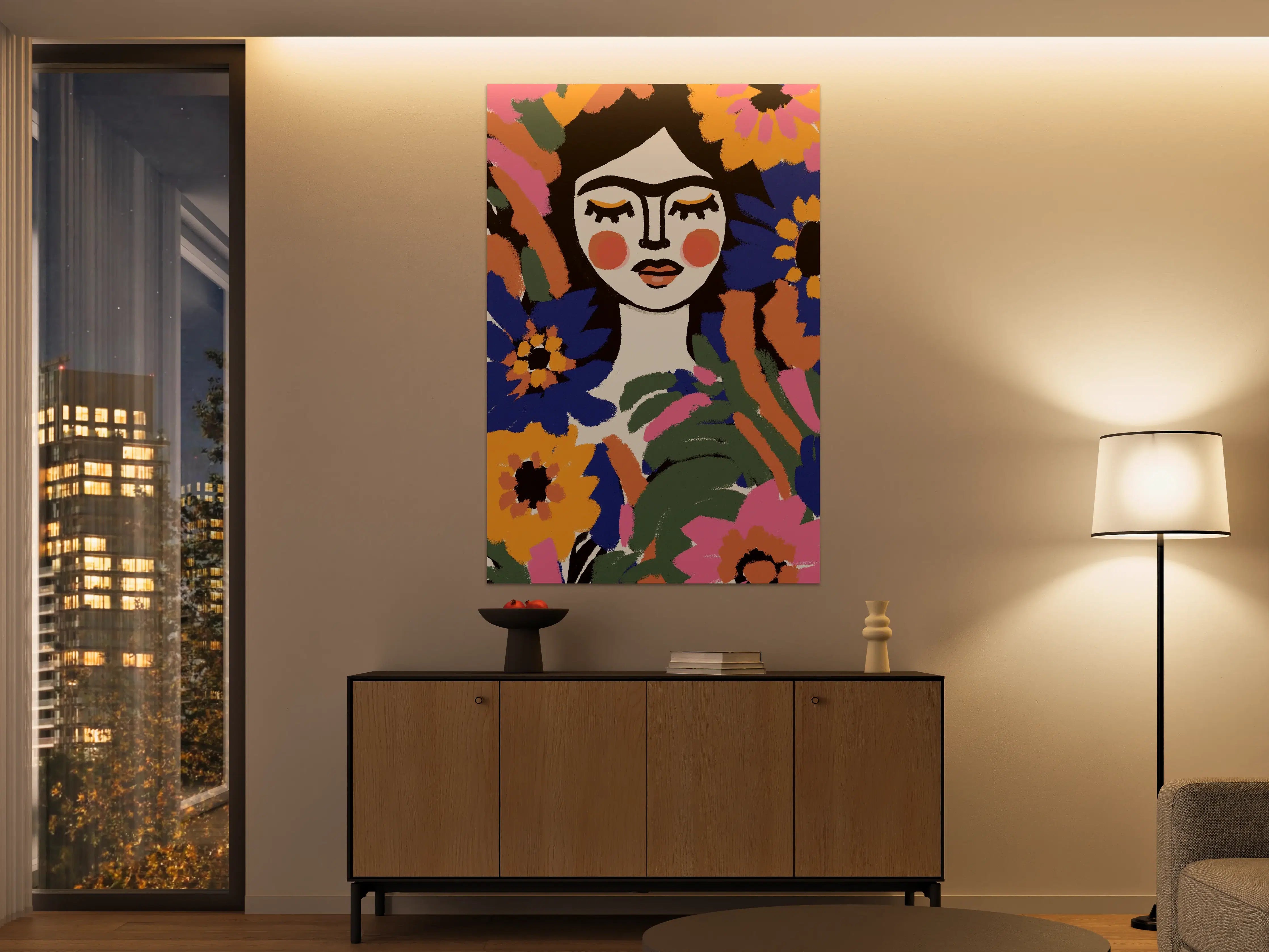 Große Wandbilder - Künstlerische Frauenportrait mit bunten Blumen