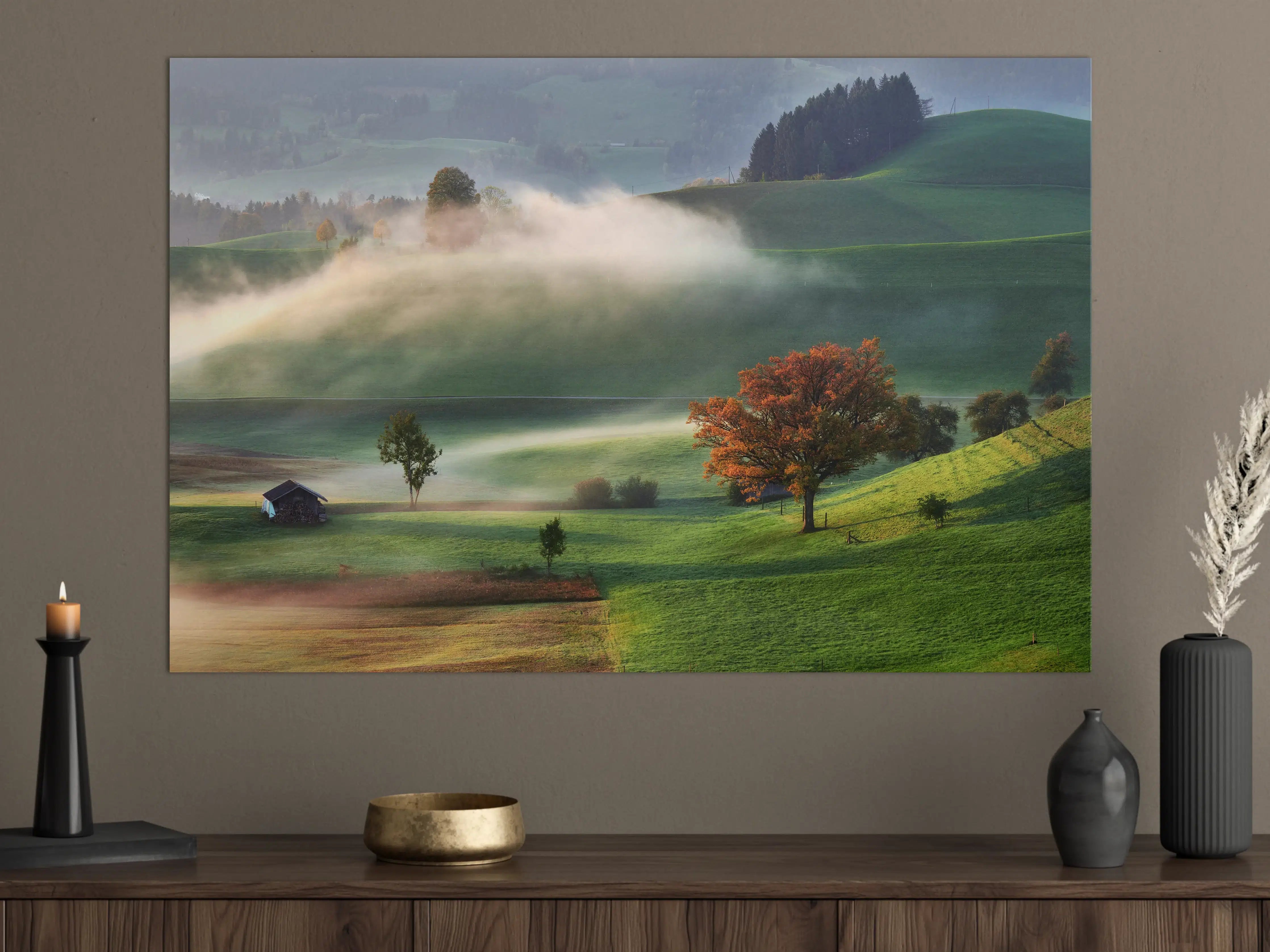 Große Wandbilder - Landschaft mit buntem Baum und Morgennebel
