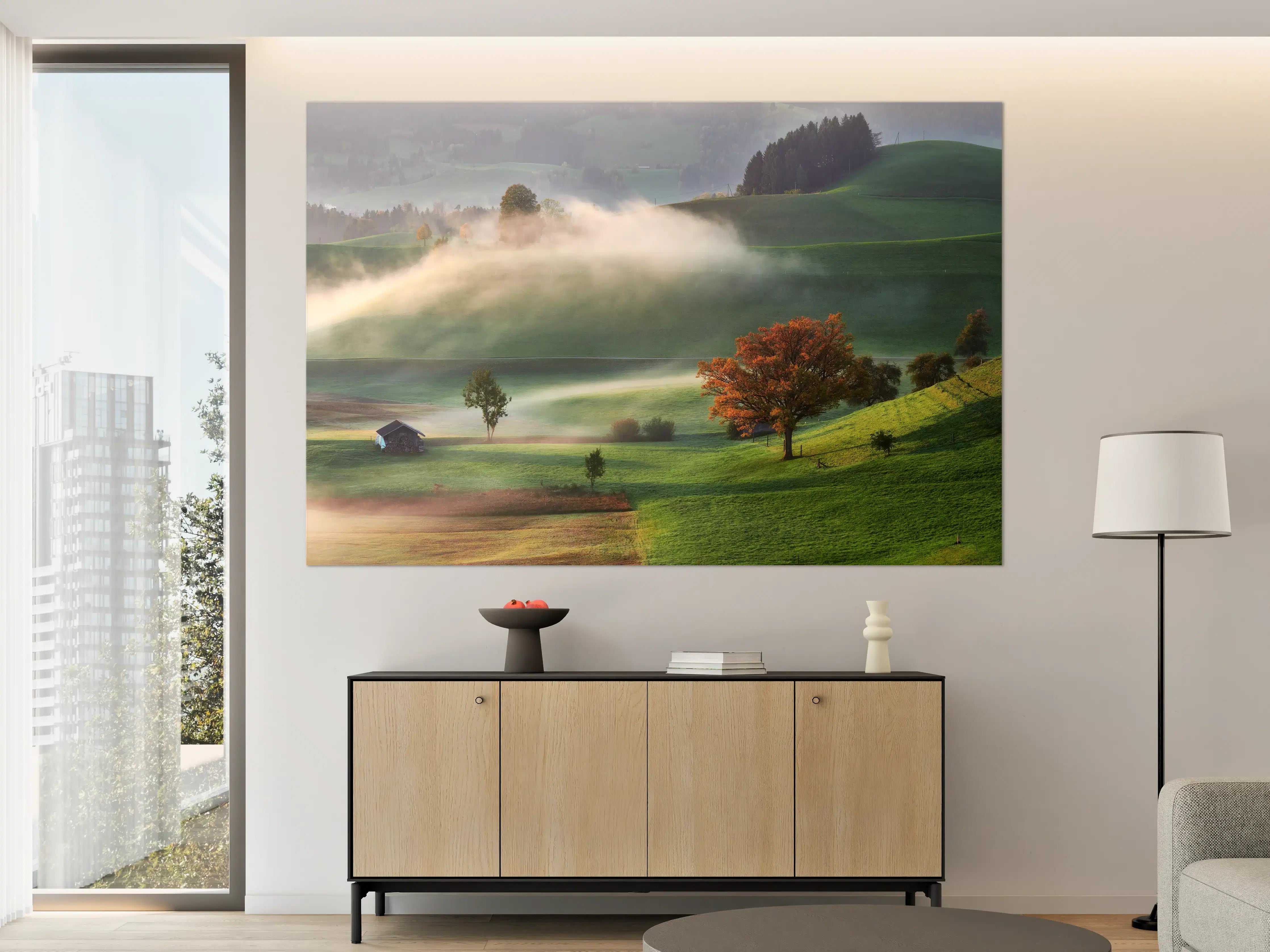 Große Wandbilder - Landschaft mit buntem Baum und Morgennebel