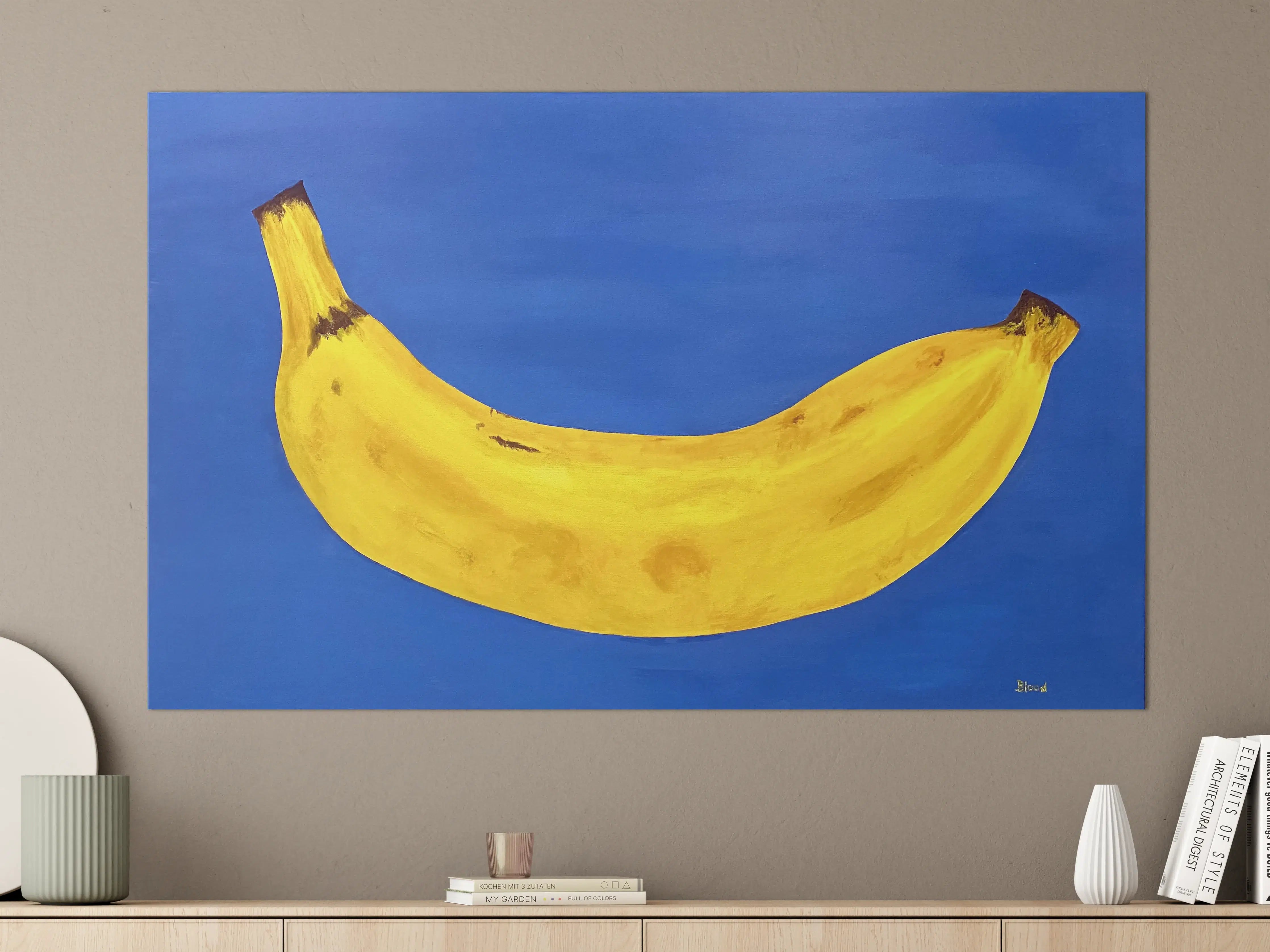 Große Wandbilder - Lebendige Bananenmalerei auf blauer Leinwand