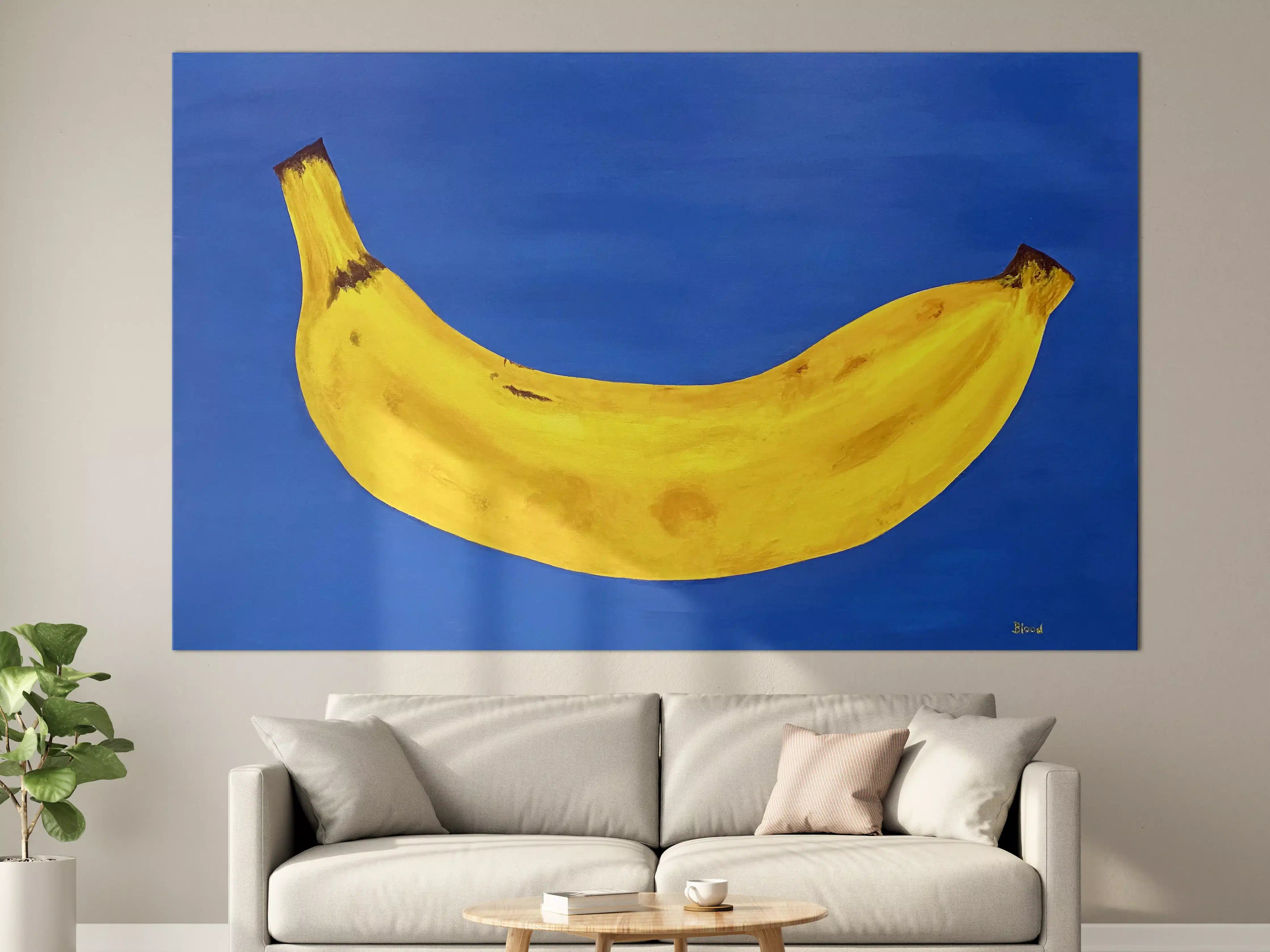 Große Wandbilder - Lebendige Bananenmalerei auf blauer Leinwand