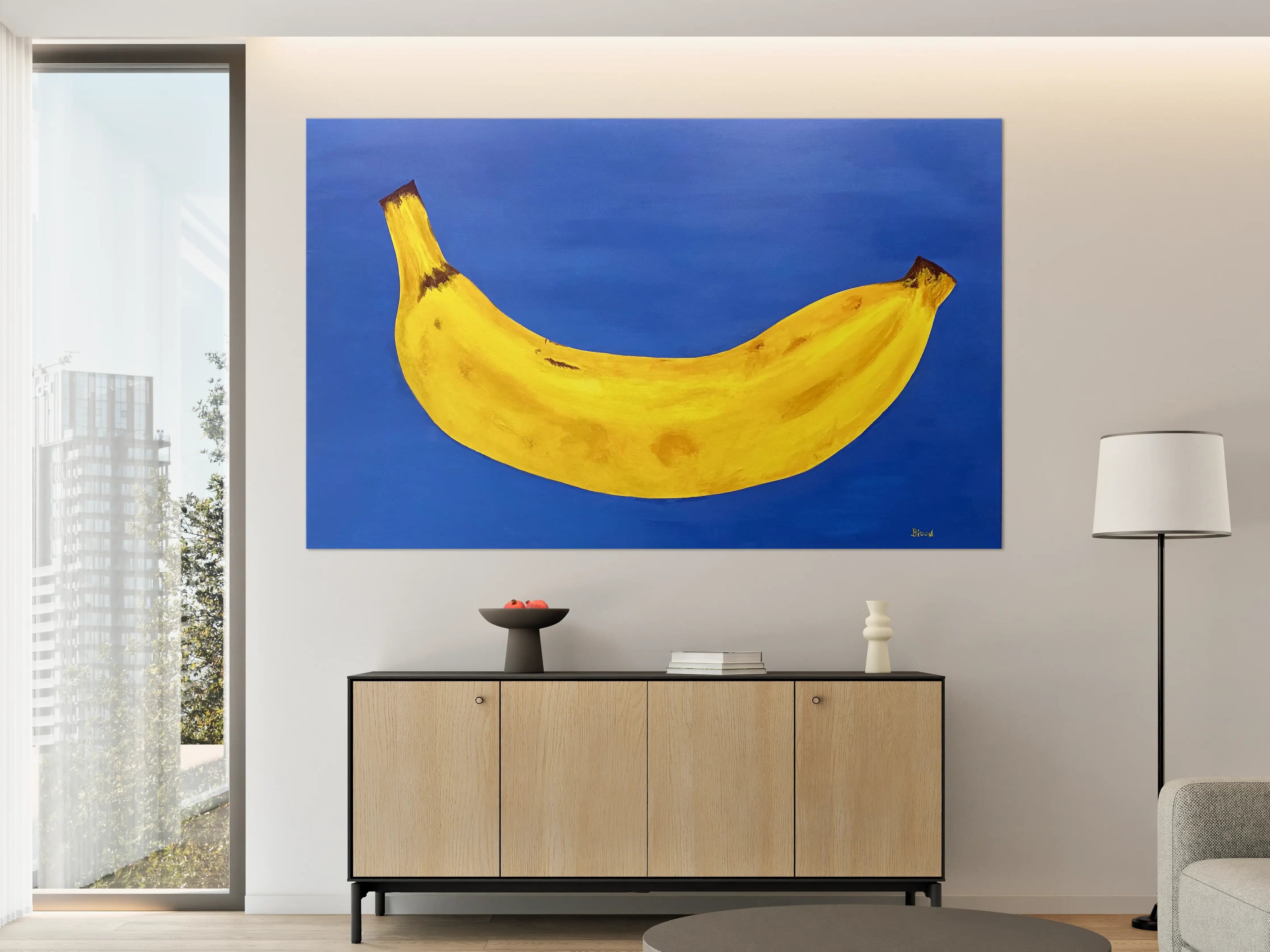 Große Wandbilder - Lebendige Bananenmalerei auf blauer Leinwand
